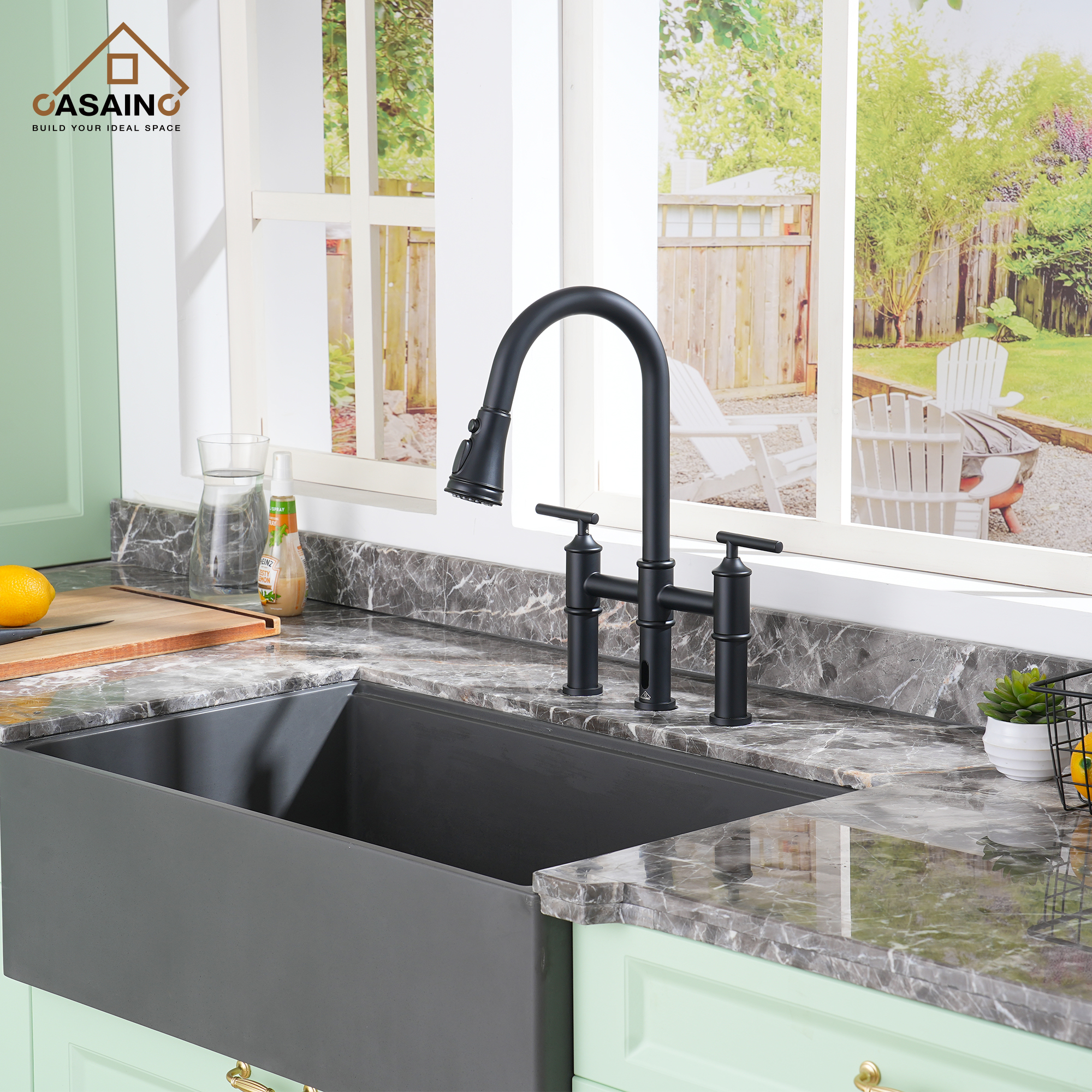 Double-Handle Kitchen Faucet with Pull-Out Sprayer Infrared Sensor in Brushed Nickel/Matte Black/Brushed Gold