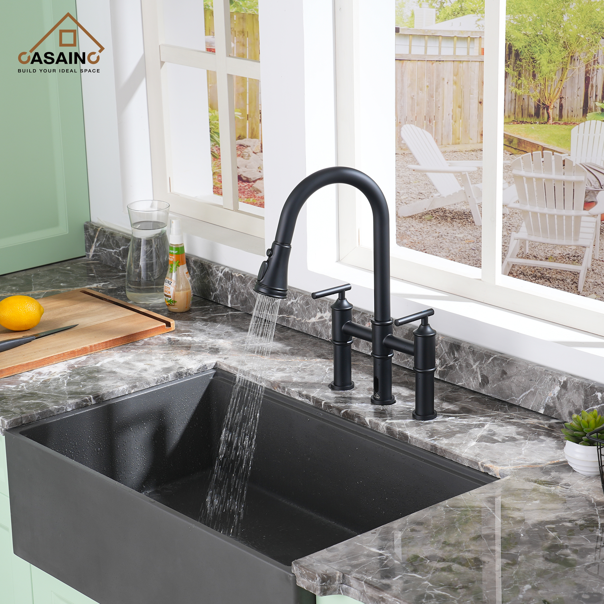 Double-Handle Kitchen Faucet with Pull-Out Sprayer Infrared Sensor in Brushed Nickel/Matte Black/Brushed Gold