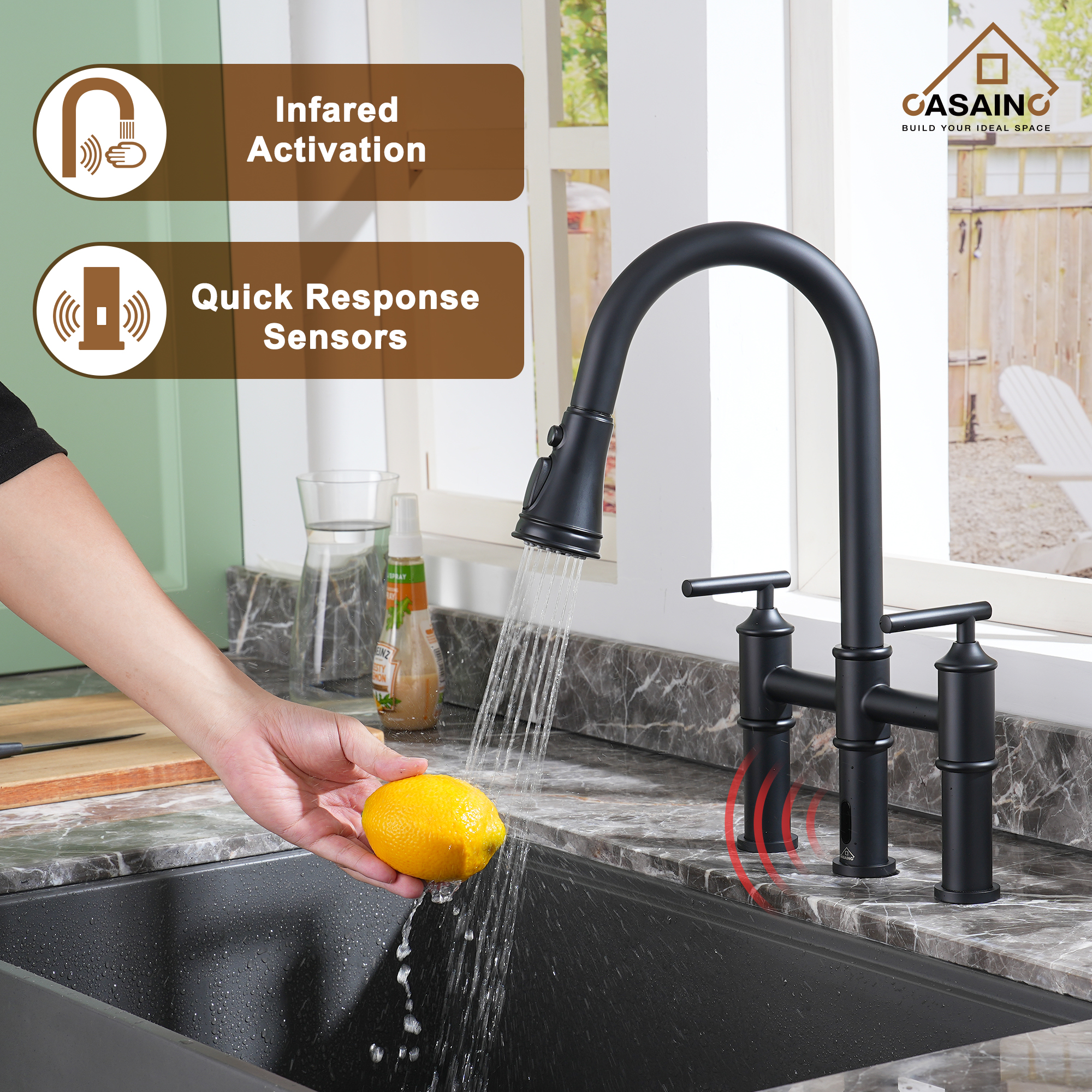 Double-Handle Kitchen Faucet with Pull-Out Sprayer Infrared Sensor in Brushed Nickel/Matte Black/Brushed Gold