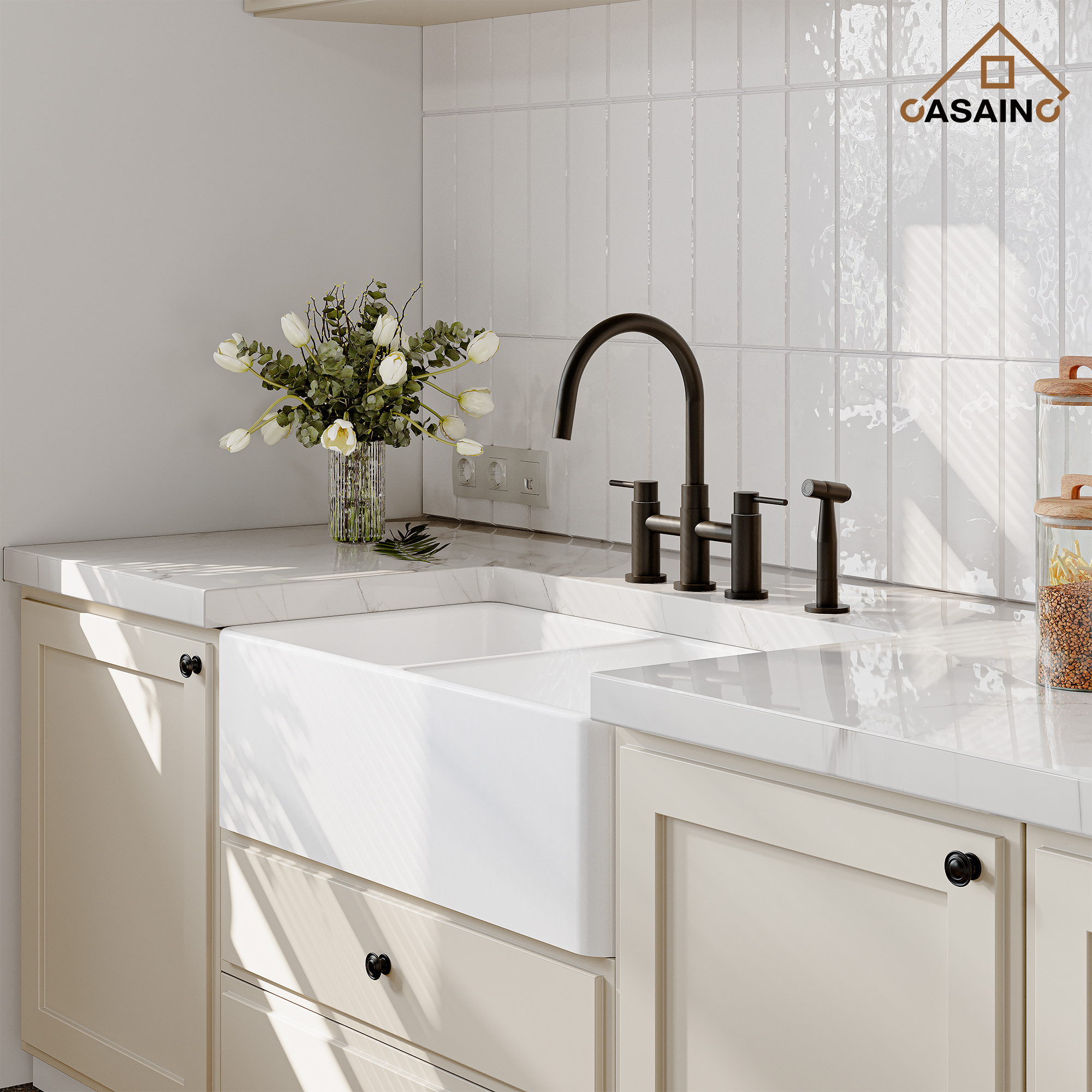 3 Hole Kitchen Faucet with Pull Down Sprayer and Faucet Side Sprayer Matte Black Brushed Gold Brushed Nickel