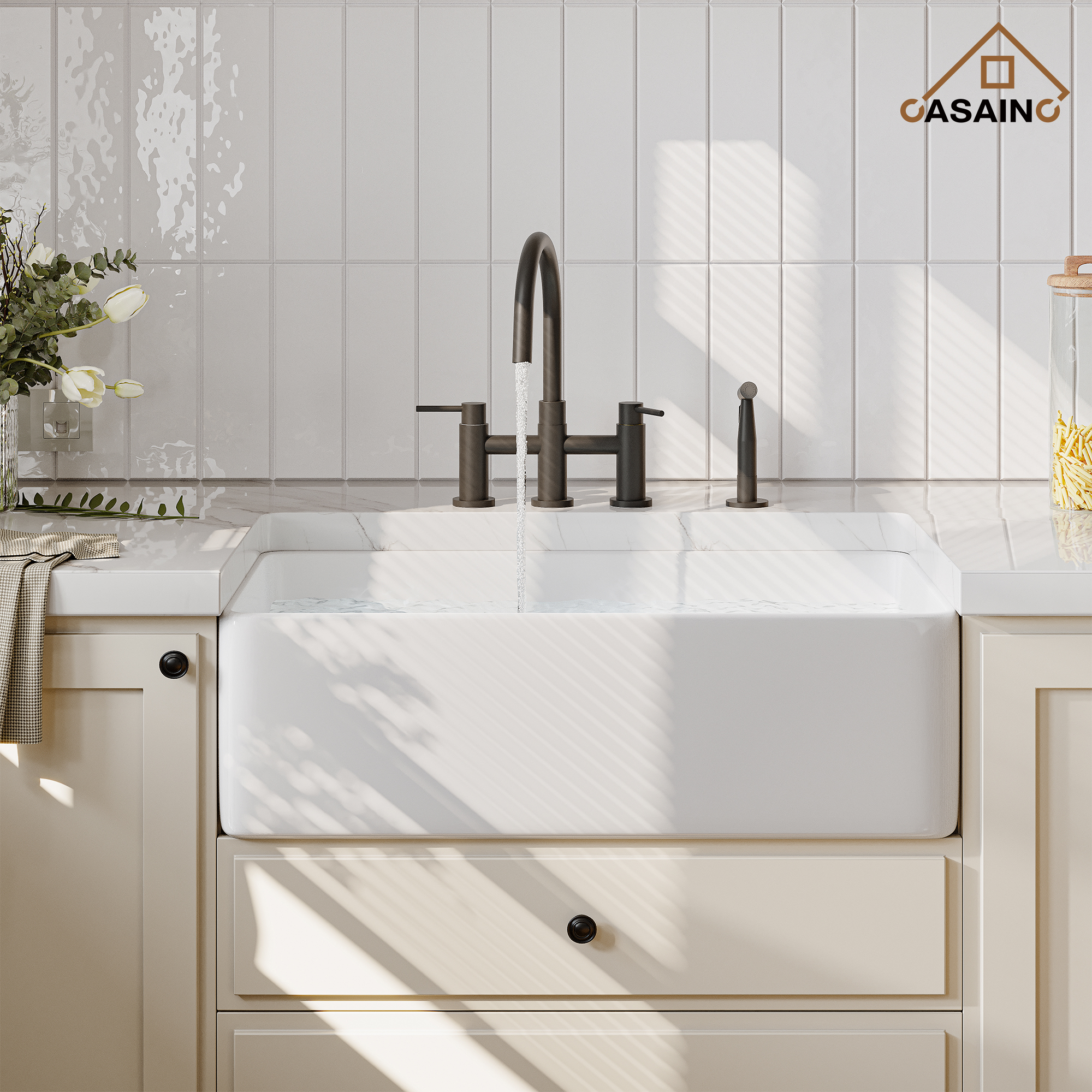 3 Hole Kitchen Faucet with Pull Down Sprayer and Faucet Side Sprayer Matte Black Brushed Gold Brushed Nickel