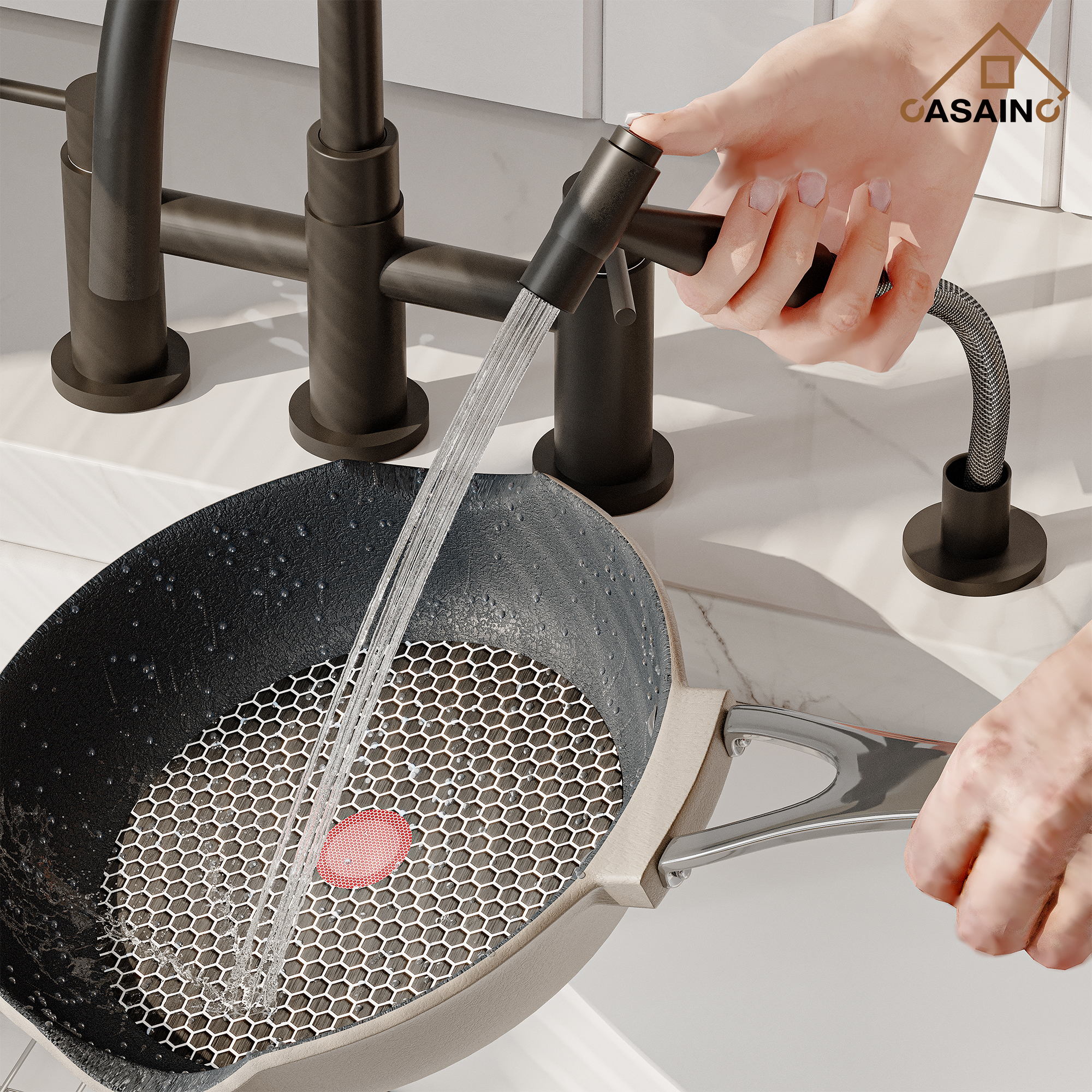 3 Hole Kitchen Faucet with Pull Down Sprayer and Faucet Side Sprayer Matte Black Brushed Gold Brushed Nickel