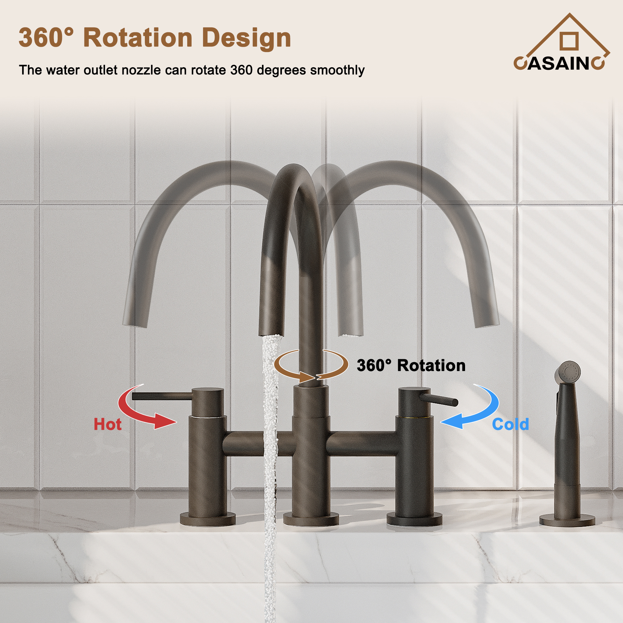 3 Hole Kitchen Faucet with Pull Down Sprayer and Faucet Side Sprayer Matte Black Brushed Gold Brushed Nickel