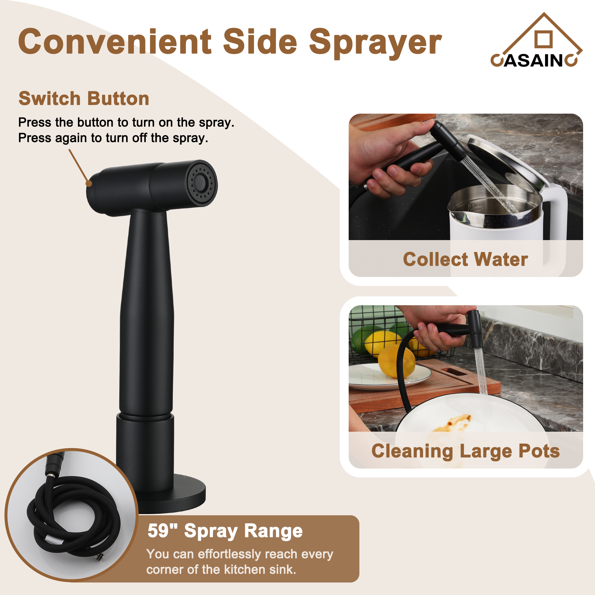 3 Hole Kitchen Faucet with Pull Down Sprayer and Faucet Side Sprayer Matte Black Brushed Gold Brushed Nickel