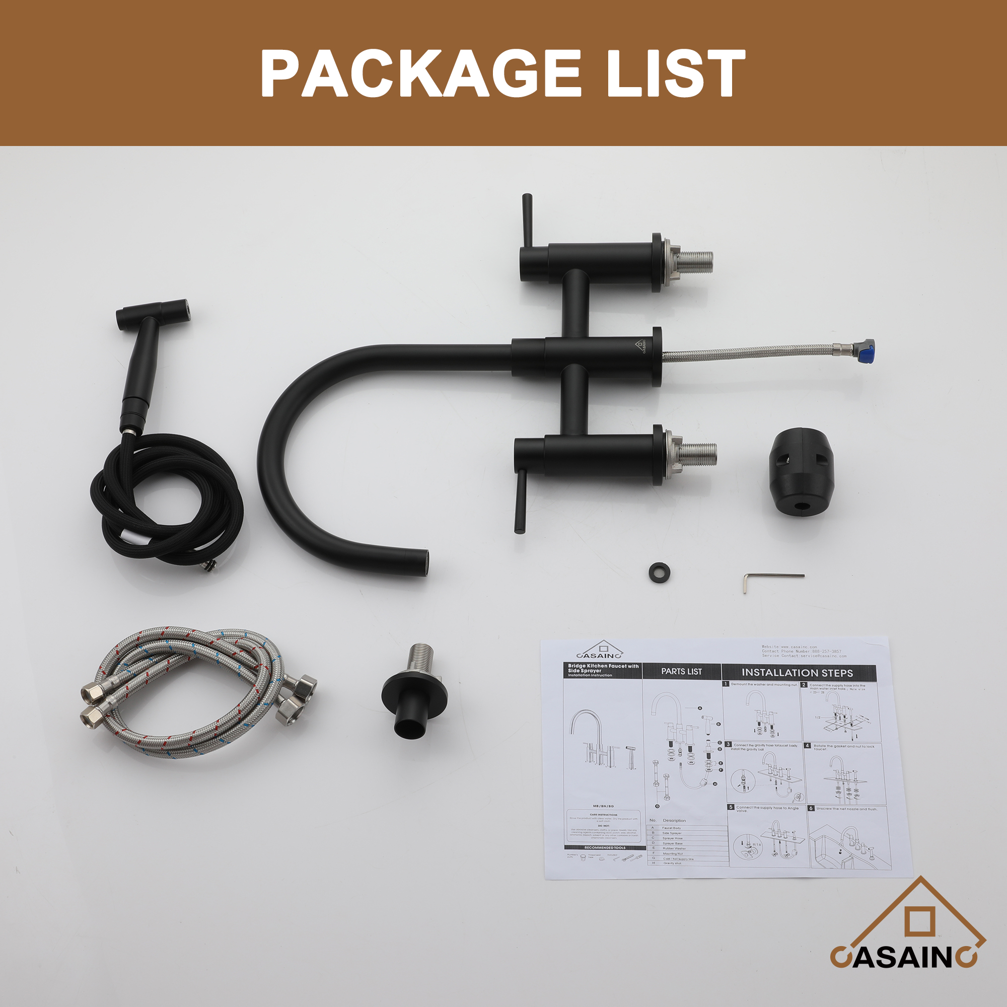 3 Hole Kitchen Faucet with Pull Down Sprayer and Faucet Side Sprayer Matte Black Brushed Gold Brushed Nickel