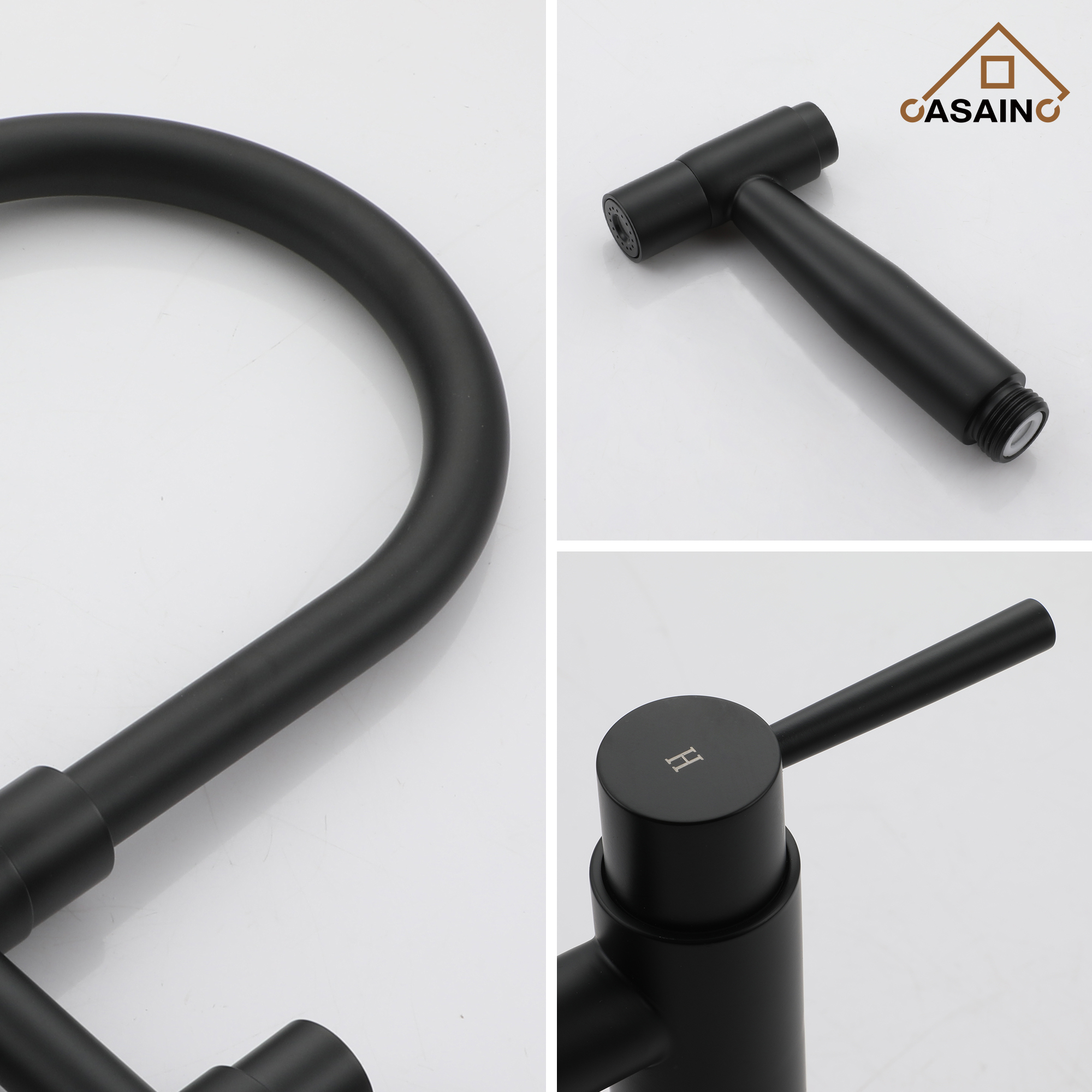 3 Hole Kitchen Faucet with Pull Down Sprayer and Faucet Side Sprayer Matte Black Brushed Gold Brushed Nickel