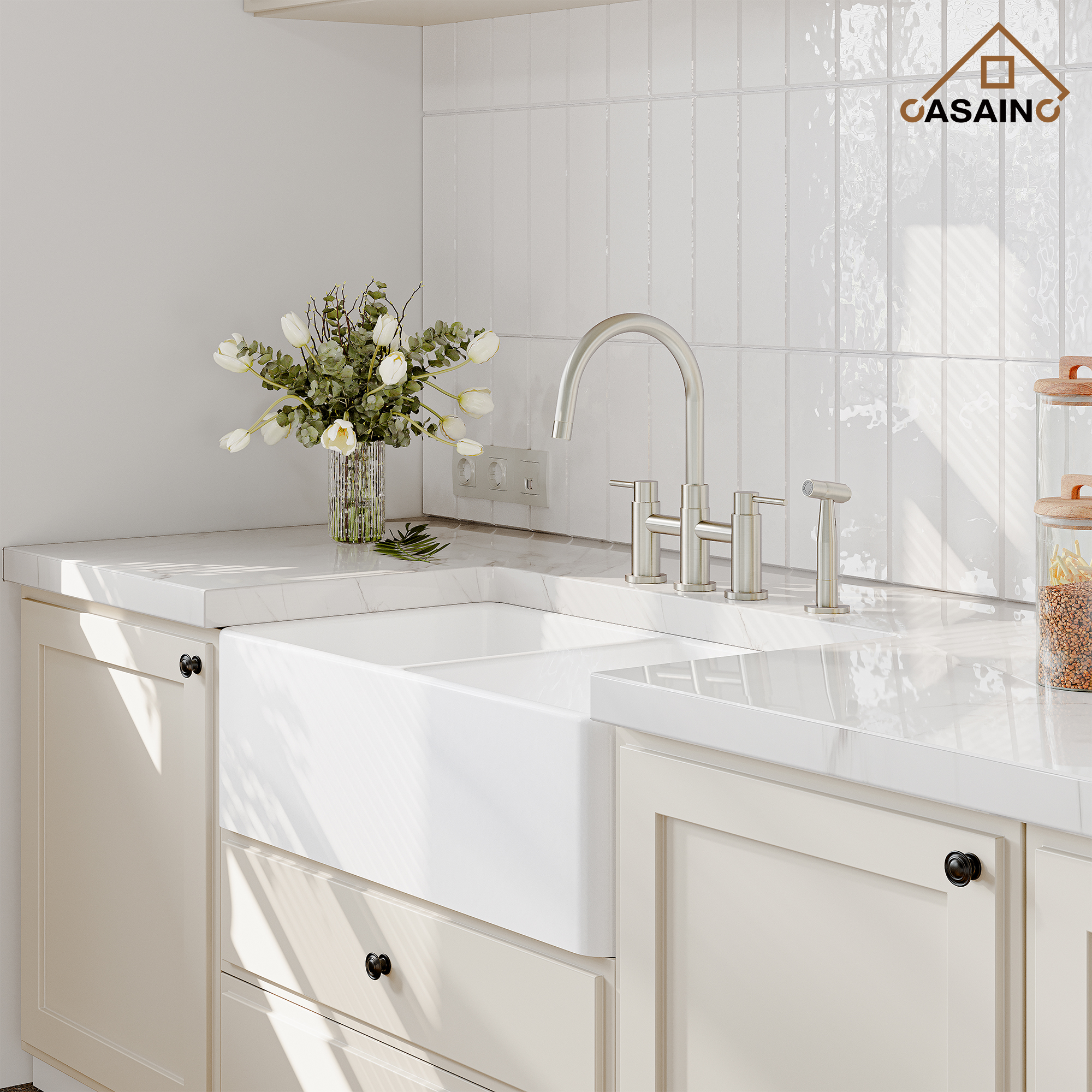 3 Hole Kitchen Faucet with Pull Down Sprayer and Faucet Side Sprayer Matte Black Brushed Gold Brushed Nickel