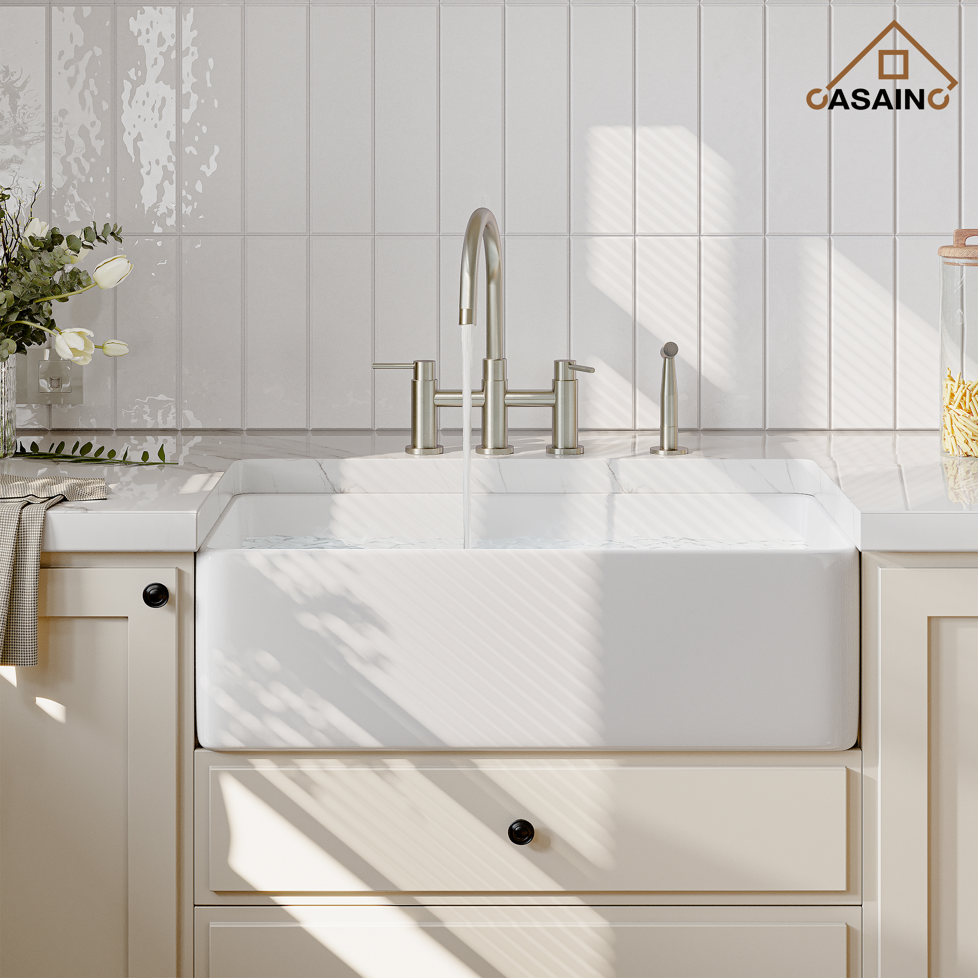 3 Hole Kitchen Faucet with Pull Down Sprayer and Faucet Side Sprayer Matte Black Brushed Gold Brushed Nickel