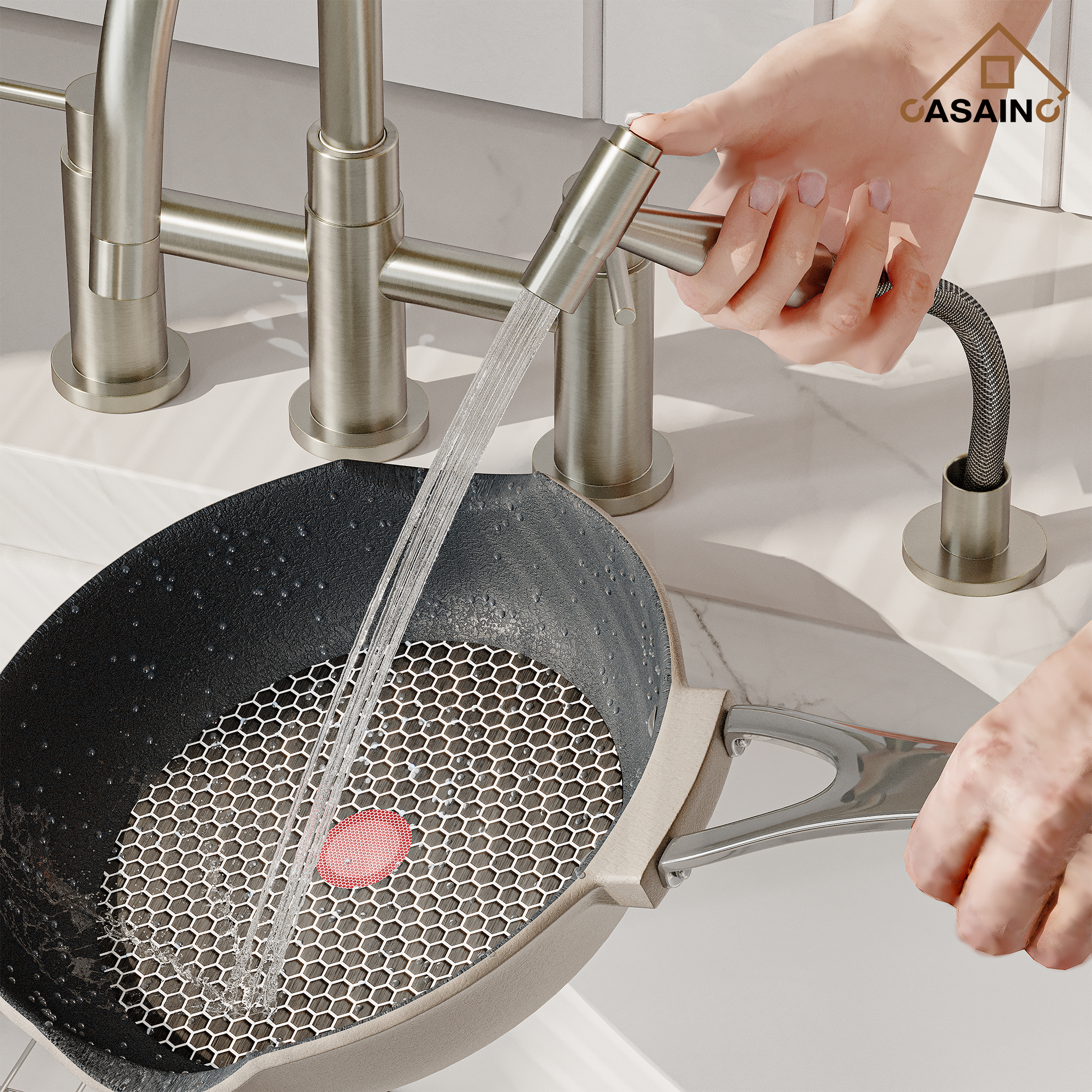 3 Hole Kitchen Faucet with Pull Down Sprayer and Faucet Side Sprayer Matte Black Brushed Gold Brushed Nickel