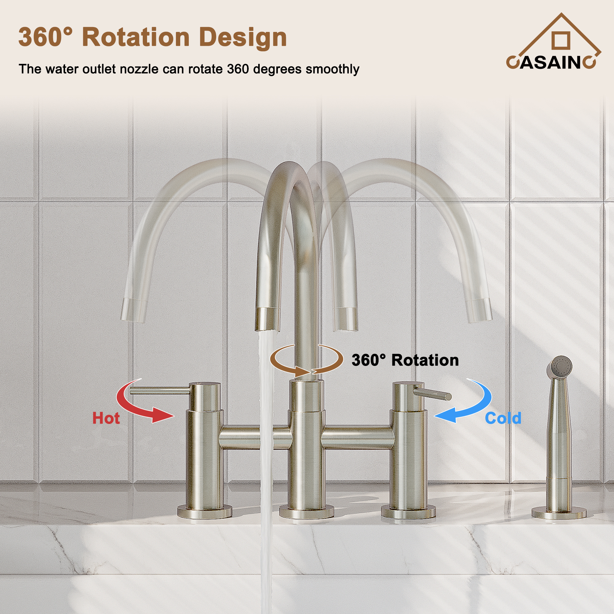 3 Hole Kitchen Faucet with Pull Down Sprayer and Faucet Side Sprayer Matte Black Brushed Gold Brushed Nickel