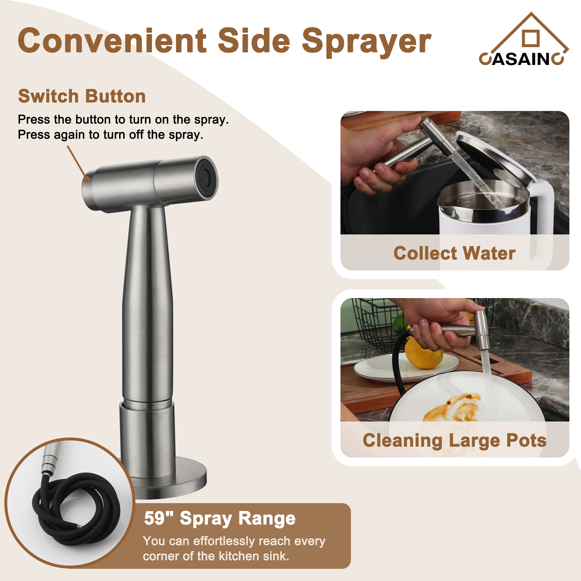 3 Hole Kitchen Faucet with Pull Down Sprayer and Faucet Side Sprayer Matte Black Brushed Gold Brushed Nickel