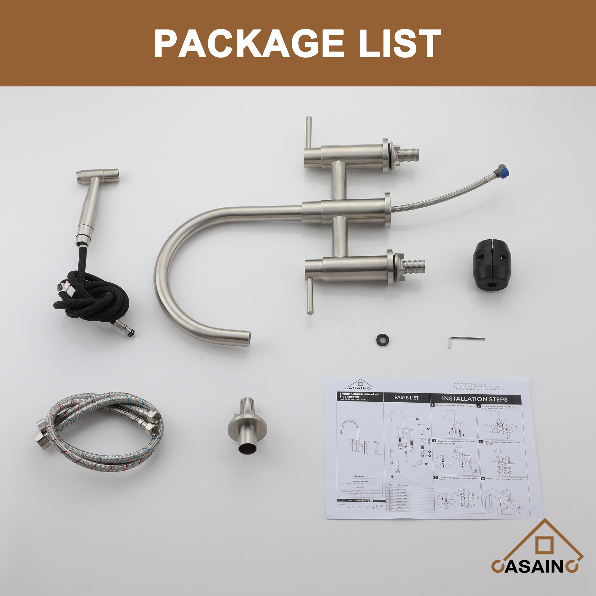 3 Hole Kitchen Faucet with Pull Down Sprayer and Faucet Side Sprayer Matte Black Brushed Gold Brushed Nickel