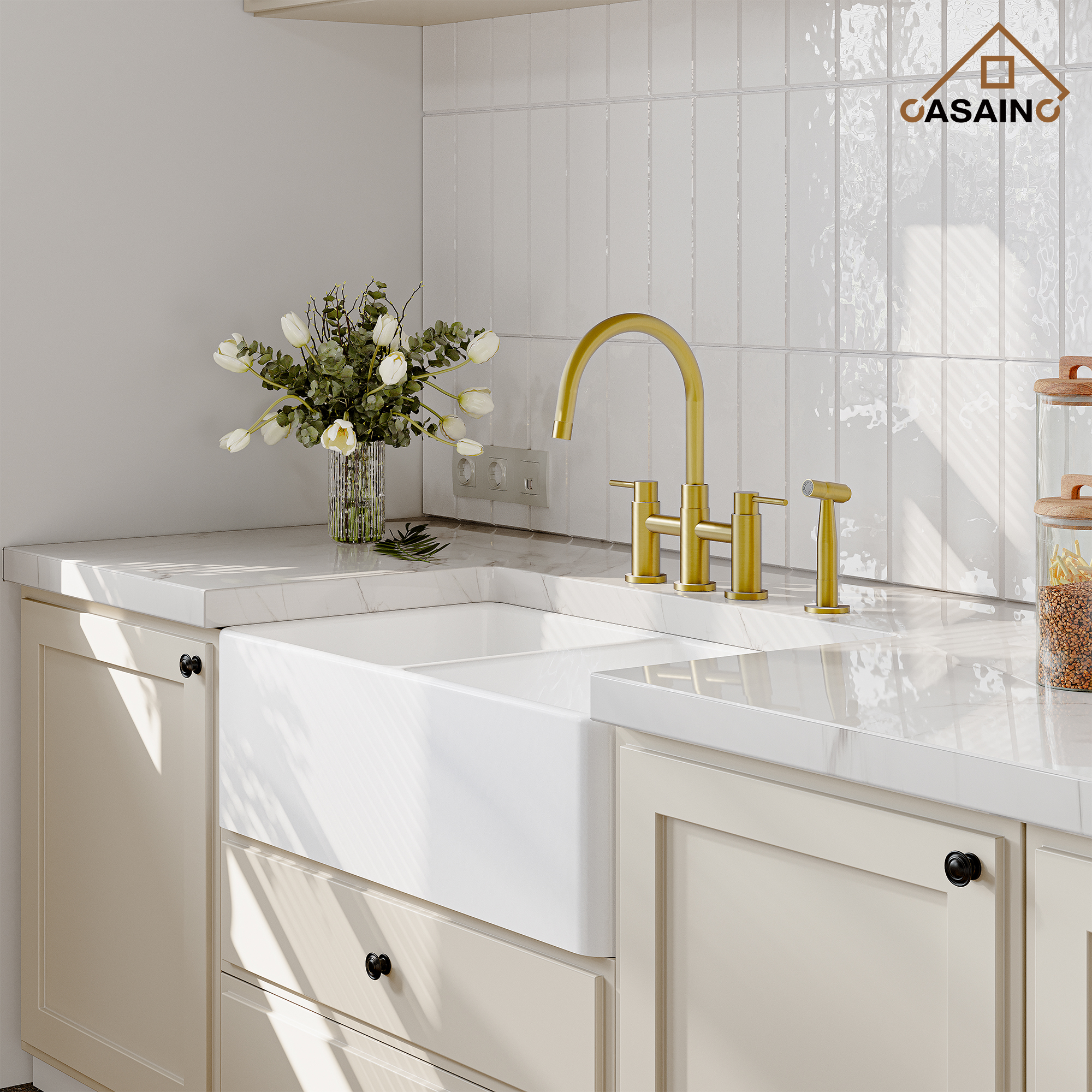 3 Hole Kitchen Faucet with Pull Down Sprayer and Faucet Side Sprayer Matte Black Brushed Gold Brushed Nickel