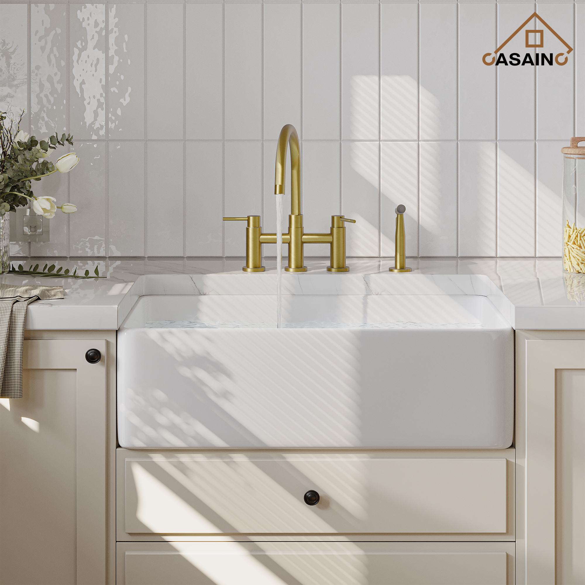 3 Hole Kitchen Faucet with Pull Down Sprayer and Faucet Side Sprayer Matte Black Brushed Gold Brushed Nickel