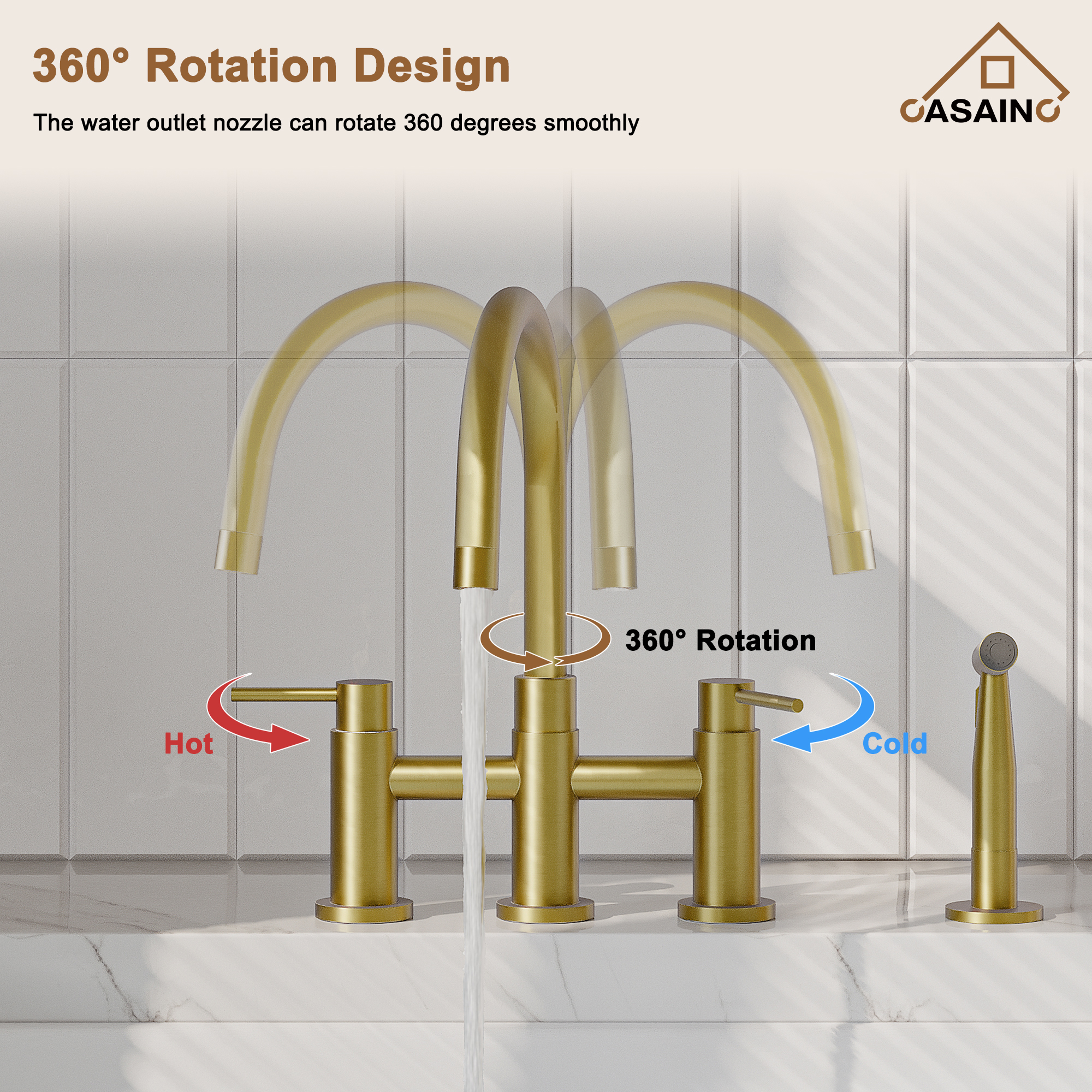 3 Hole Kitchen Faucet with Pull Down Sprayer and Faucet Side Sprayer Matte Black Brushed Gold Brushed Nickel