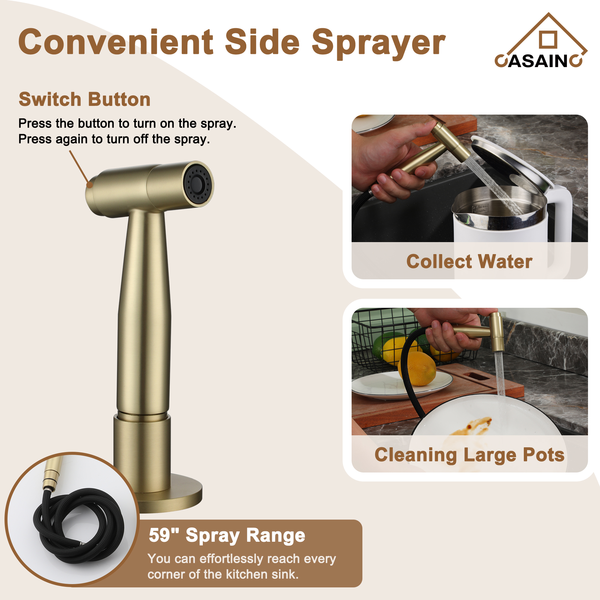 3 Hole Kitchen Faucet with Pull Down Sprayer and Faucet Side Sprayer Matte Black Brushed Gold Brushed Nickel