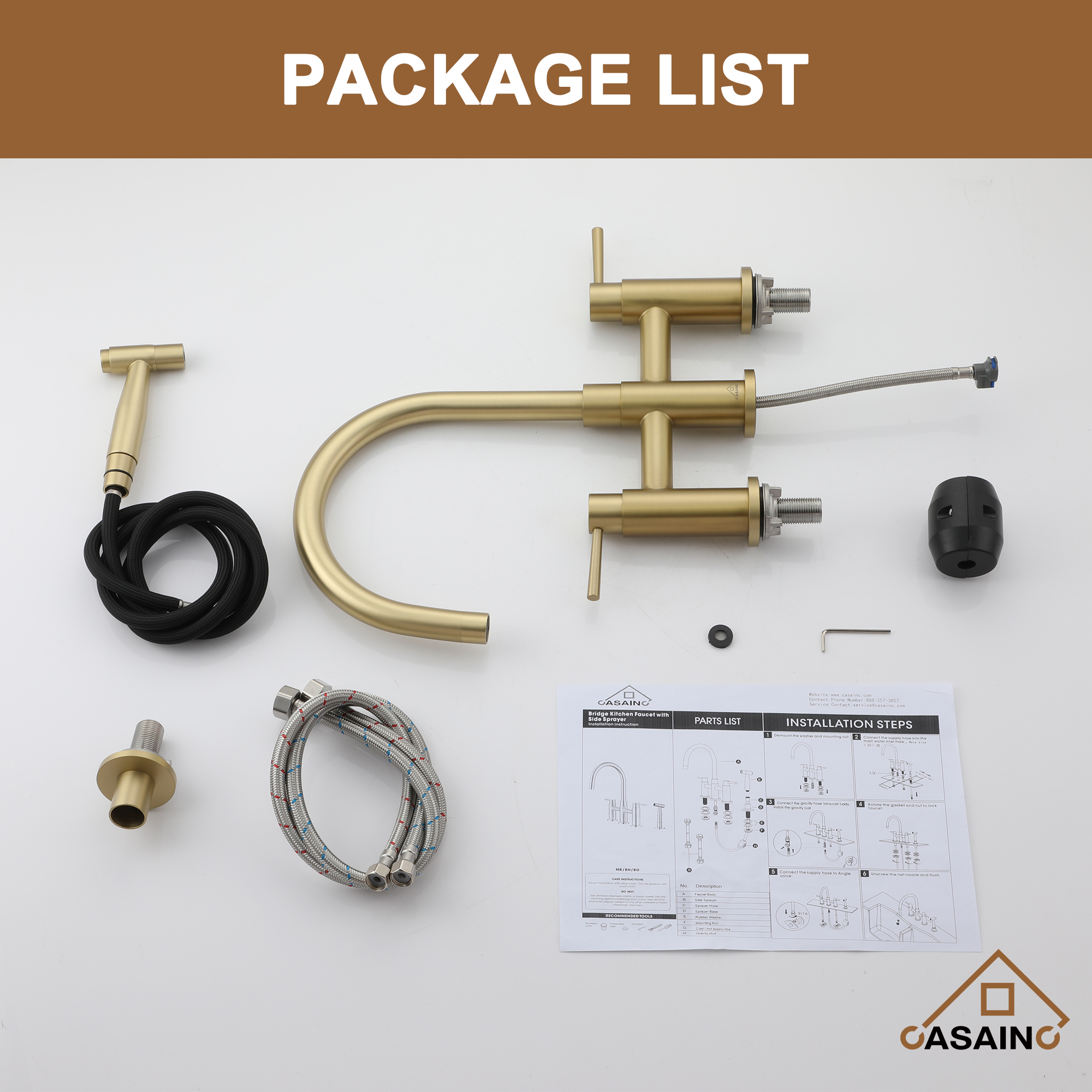 3 Hole Kitchen Faucet with Pull Down Sprayer and Faucet Side Sprayer Matte Black Brushed Gold Brushed Nickel