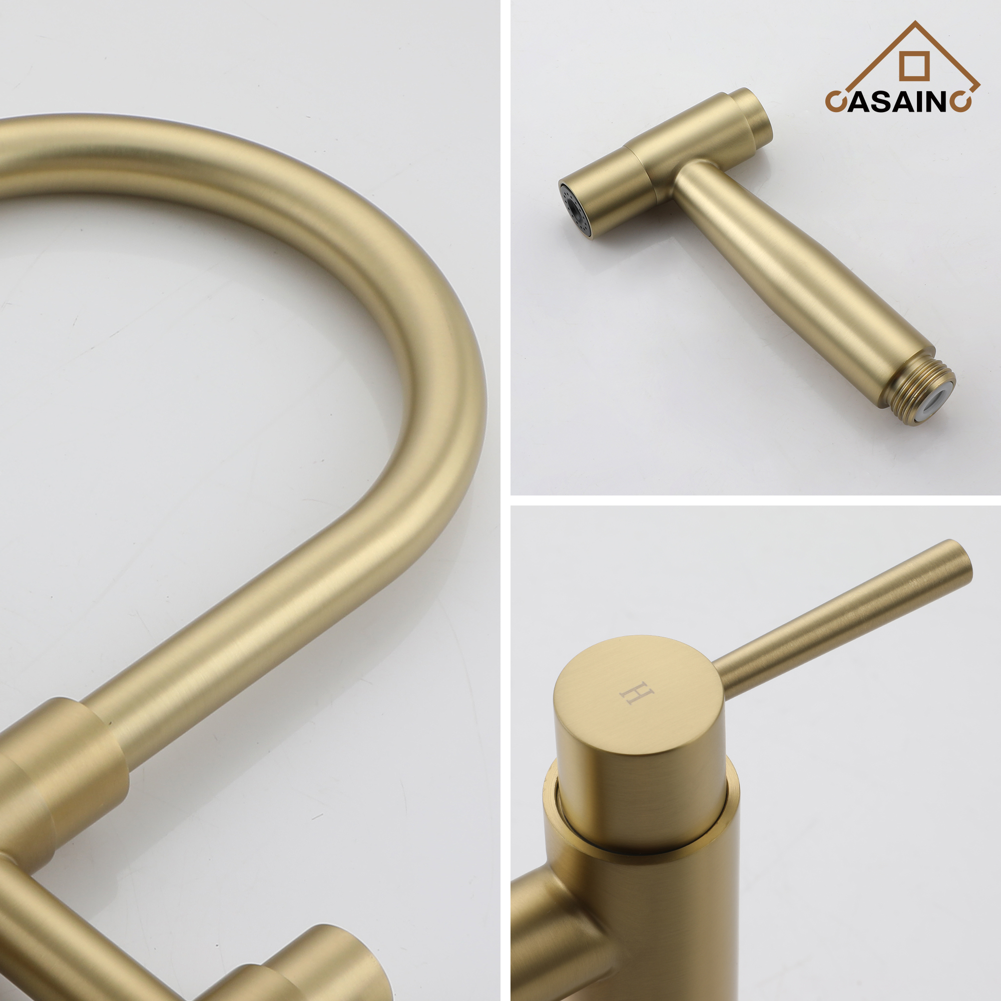 3 Hole Kitchen Faucet with Pull Down Sprayer and Faucet Side Sprayer Matte Black Brushed Gold Brushed Nickel