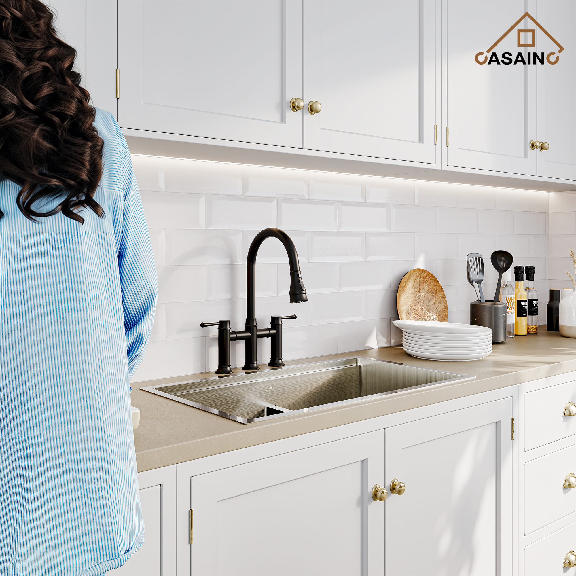 3 Hole Kitchen Faucet with Pull Down Sprayer 3 Modes Bridge Faucet