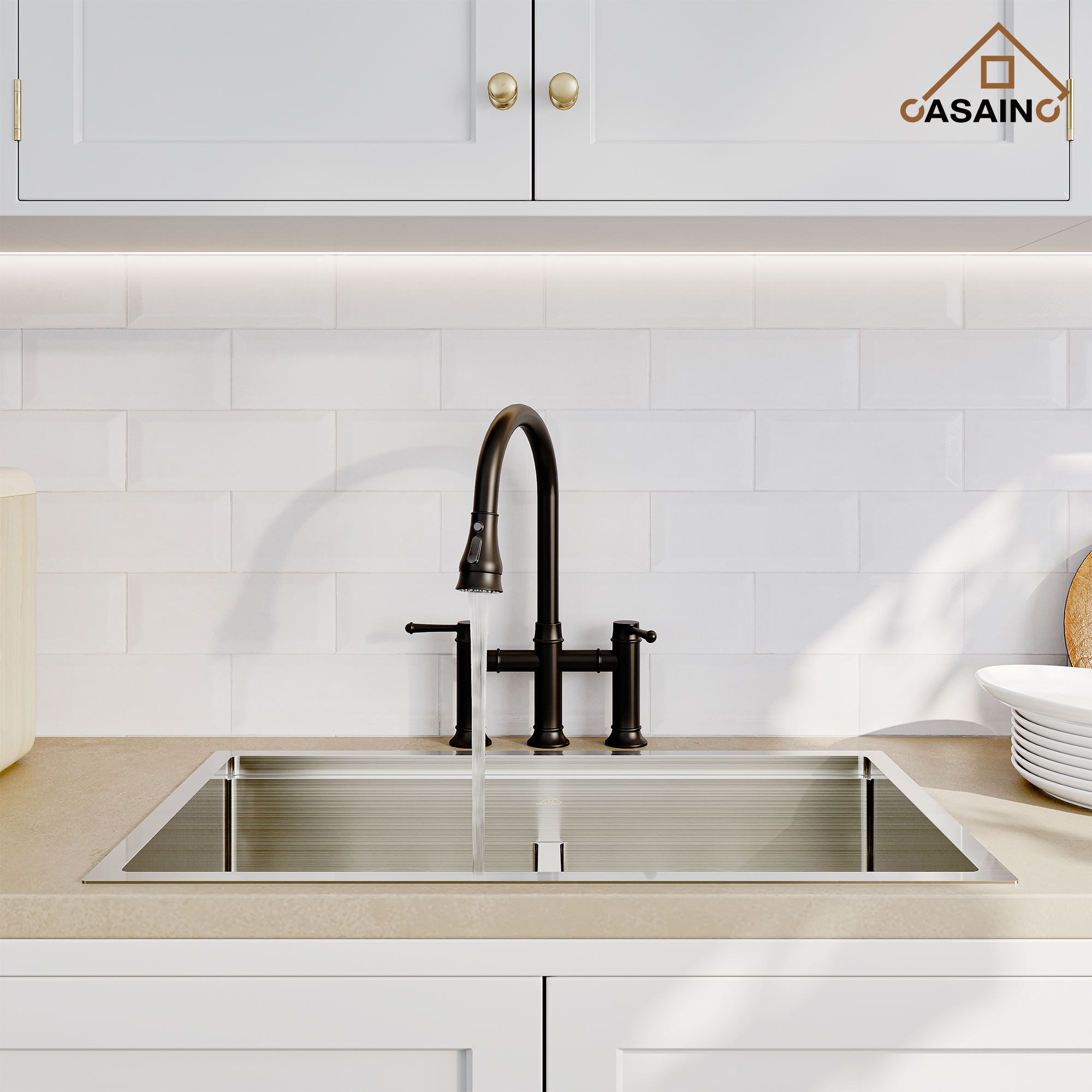 3 Hole Kitchen Faucet with Pull Down Sprayer 3 Modes Bridge Faucet