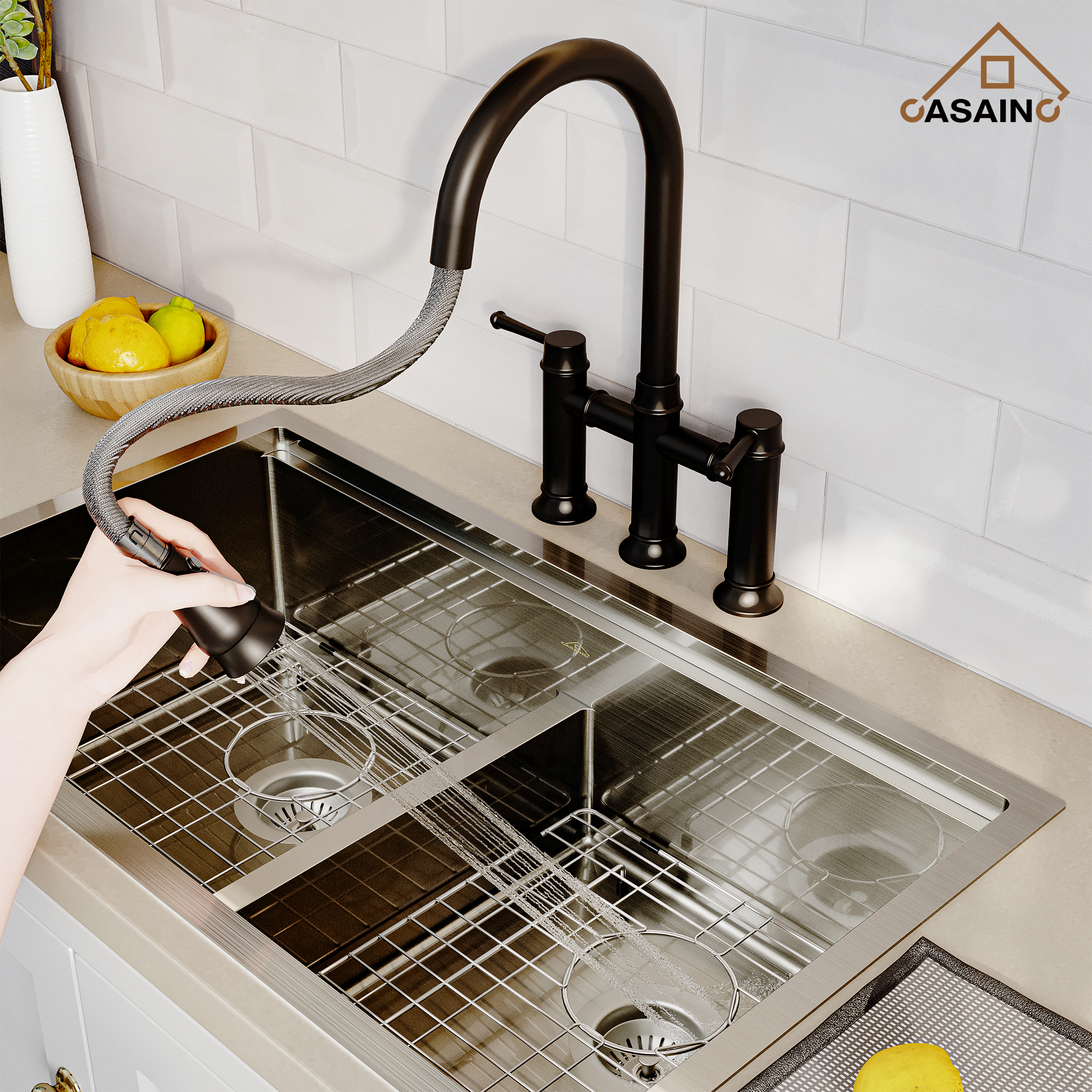 3 Hole Kitchen Faucet with Pull Down Sprayer 3 Modes Bridge Faucet