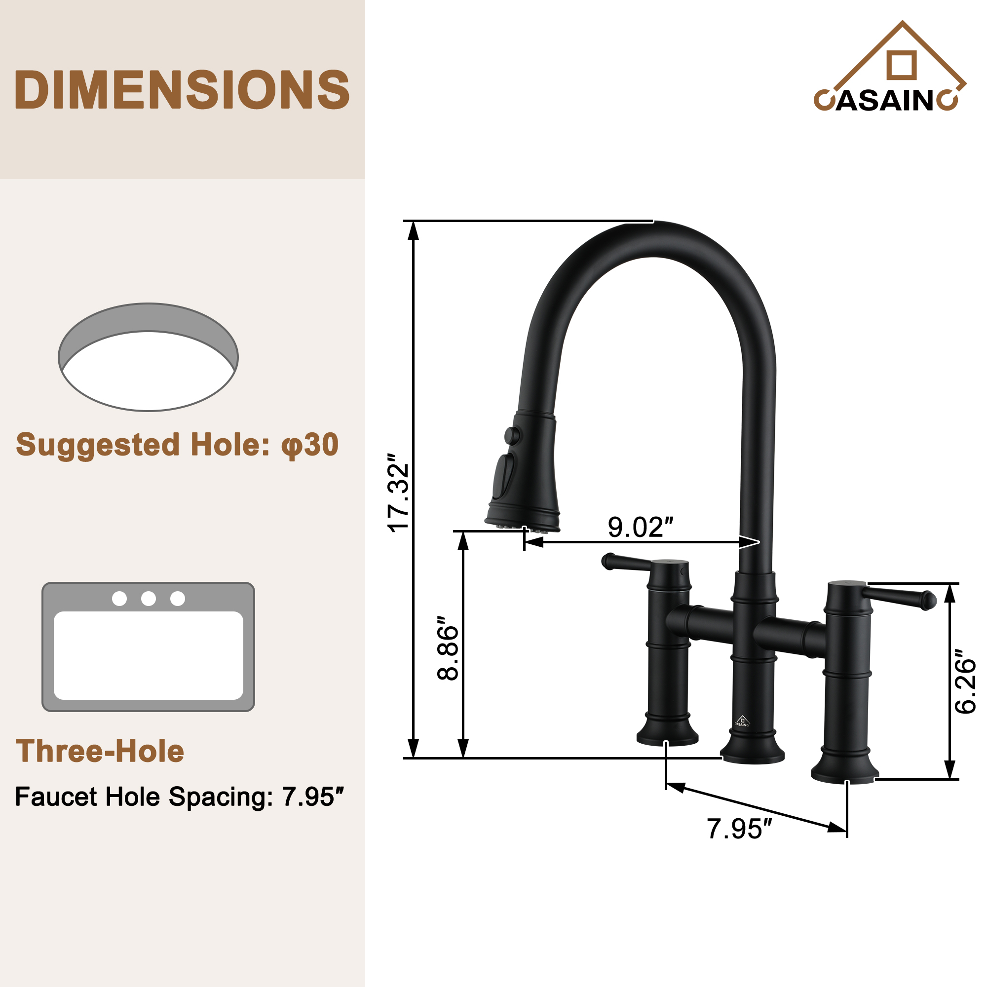 3 Hole Kitchen Faucet with Pull Down Sprayer 3 Modes Bridge Faucet