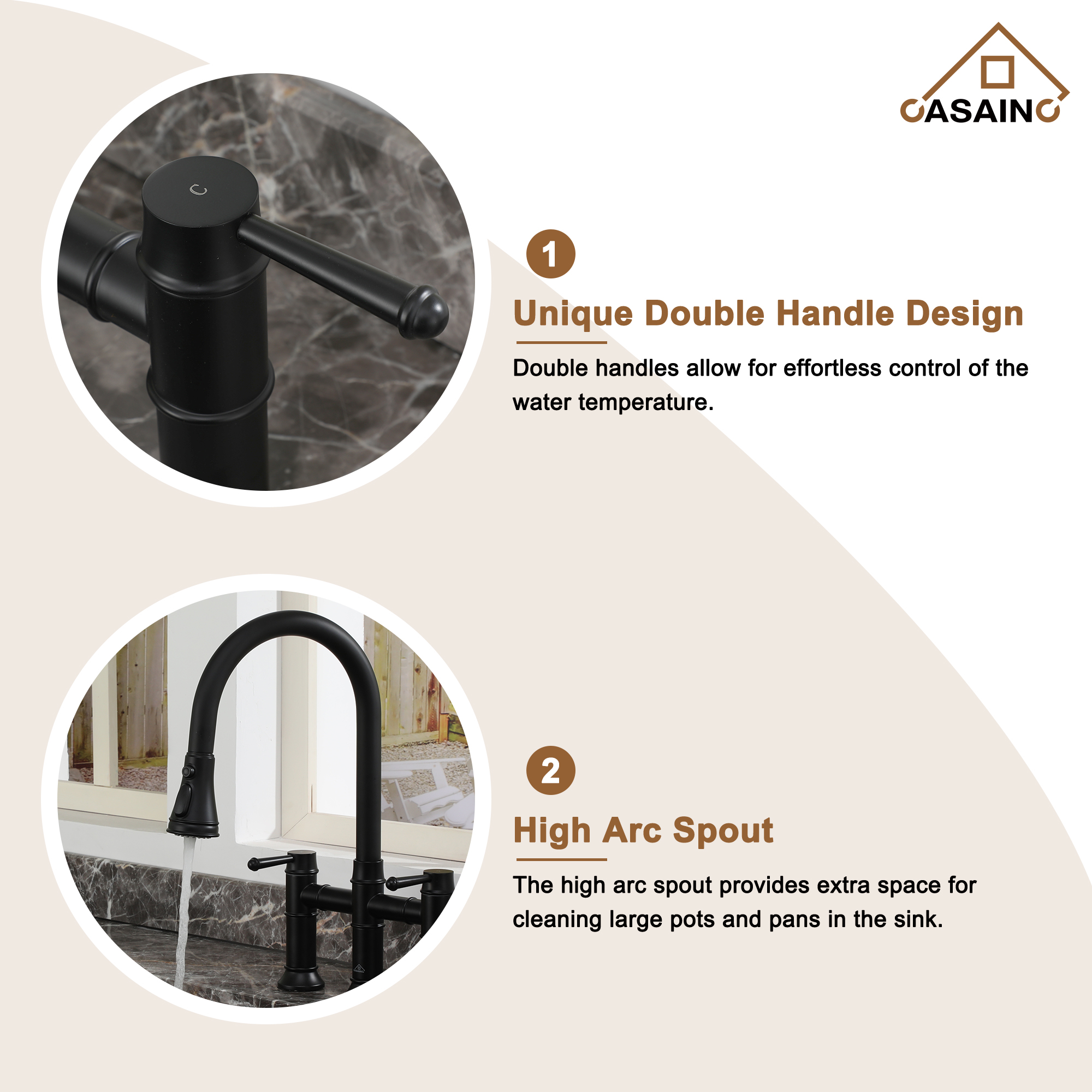 3 Hole Kitchen Faucet with Pull Down Sprayer 3 Modes Bridge Faucet