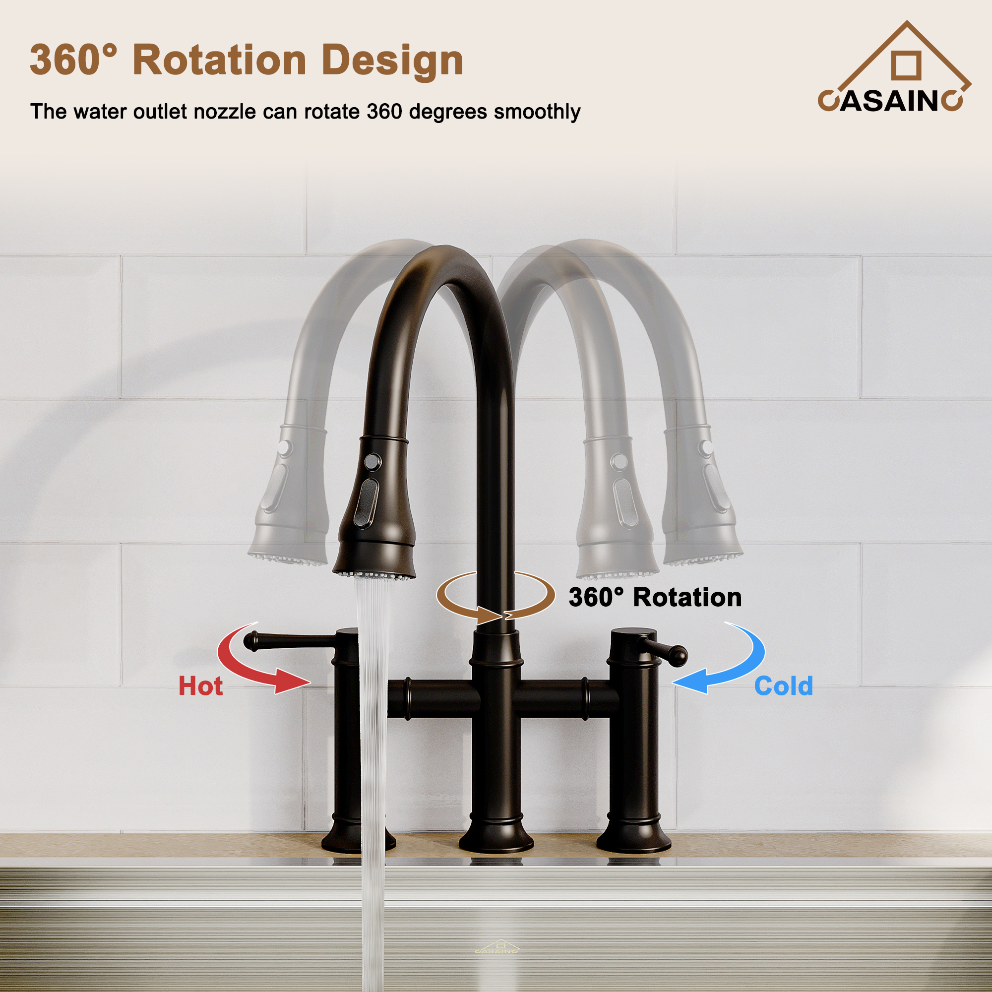 3 Hole Kitchen Faucet with Pull Down Sprayer 3 Modes Bridge Faucet