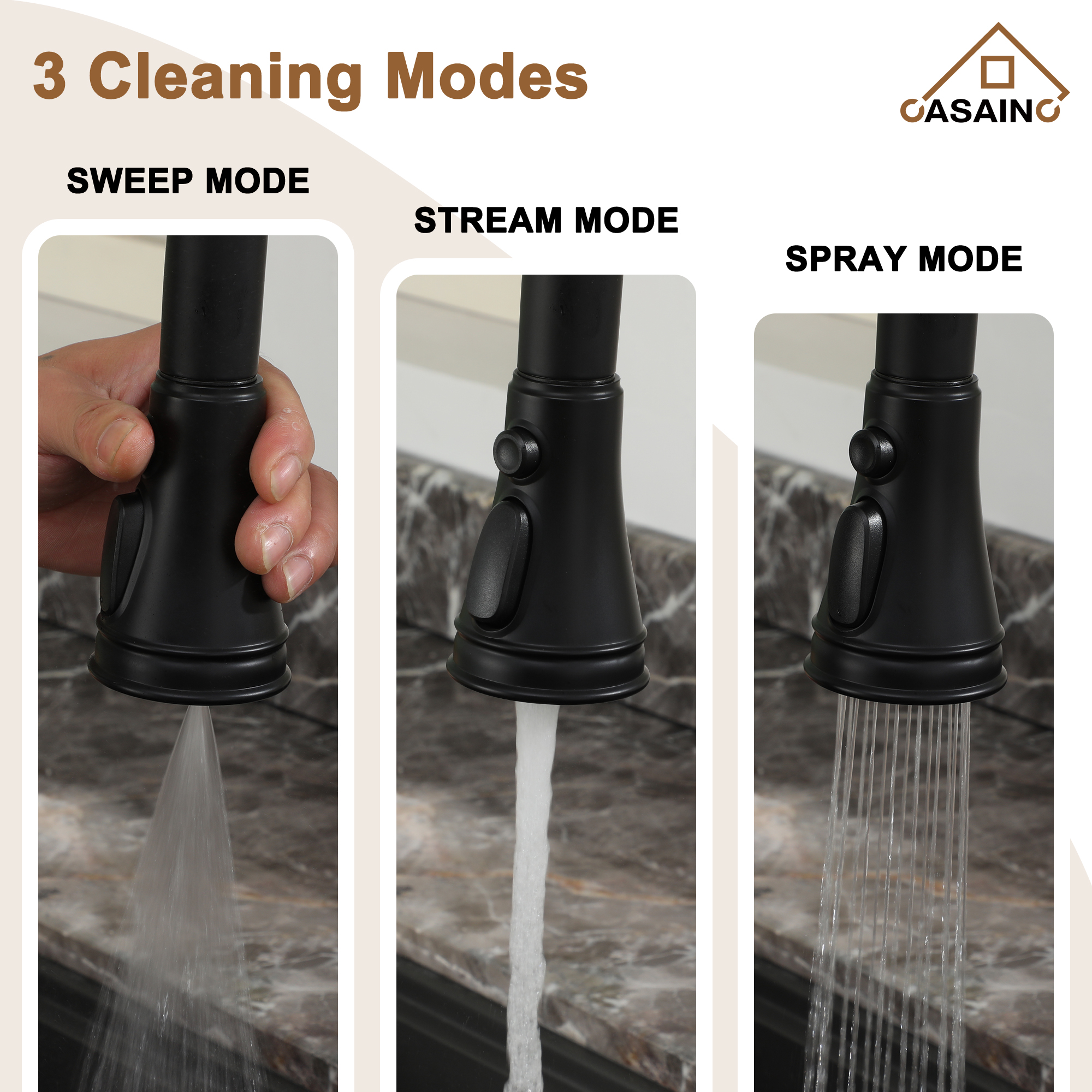 3 Hole Kitchen Faucet with Pull Down Sprayer 3 Modes Bridge Faucet