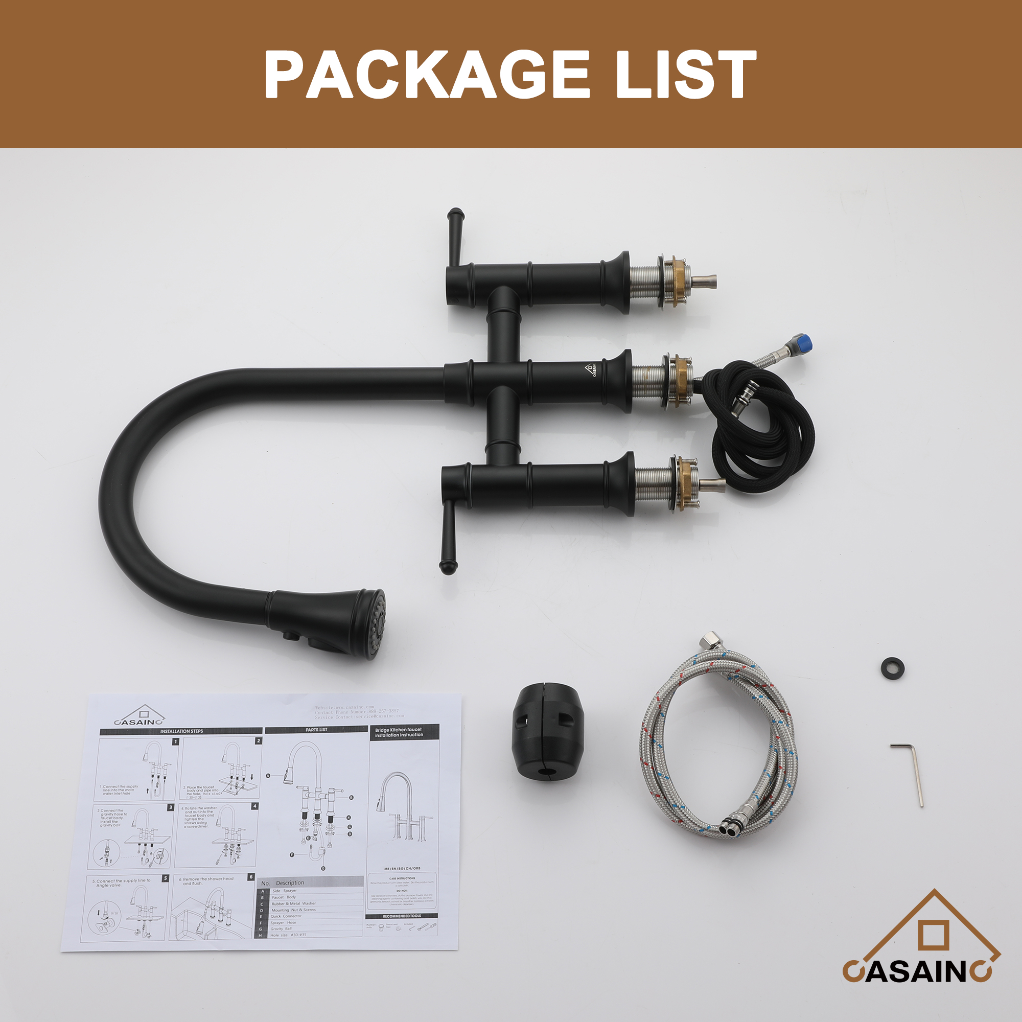 3 Hole Kitchen Faucet with Pull Down Sprayer 3 Modes Bridge Faucet