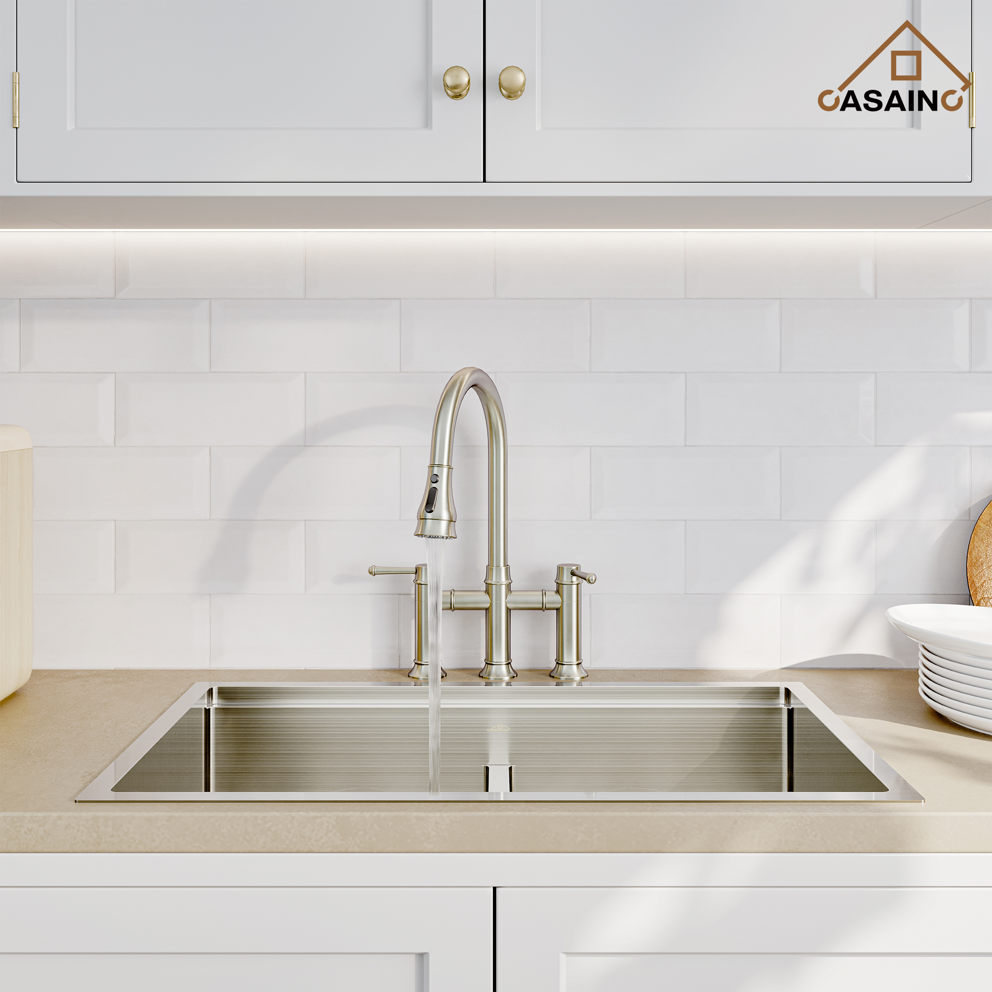 3 Hole Kitchen Faucet with Pull Down Sprayer 3 Modes Bridge Faucet