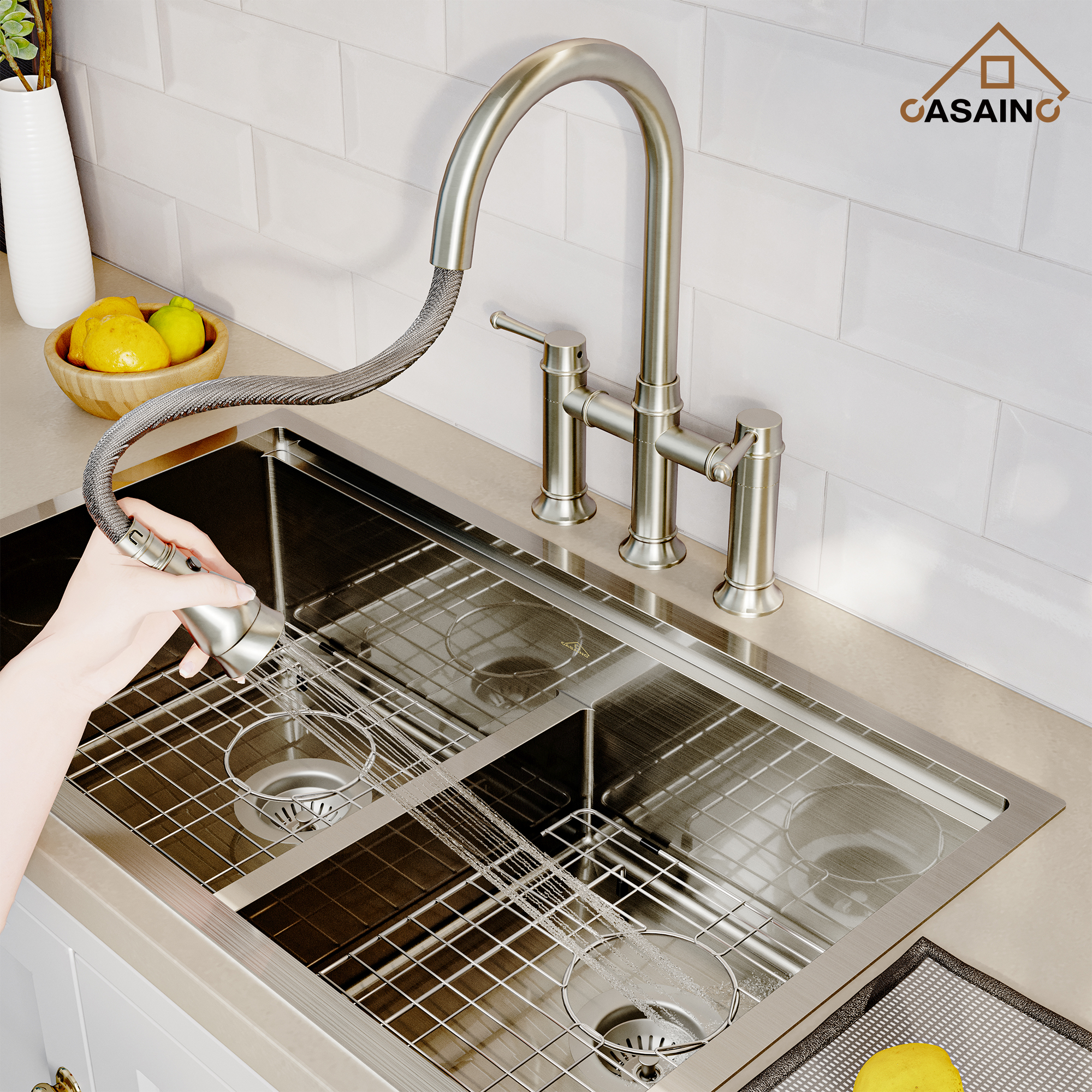 3 Hole Kitchen Faucet with Pull Down Sprayer 3 Modes Bridge Faucet