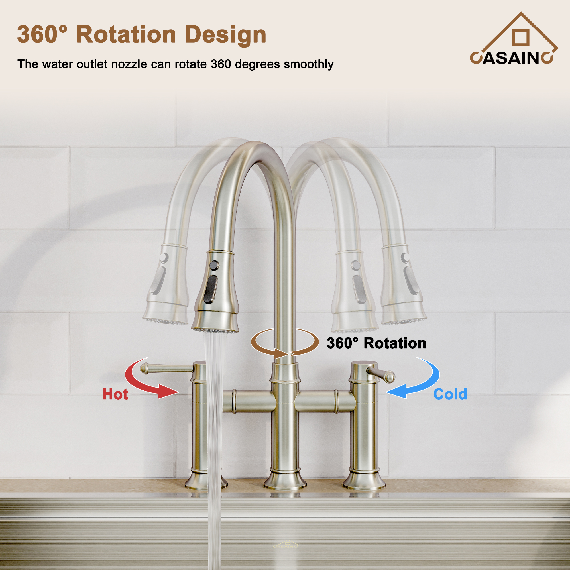 3 Hole Kitchen Faucet with Pull Down Sprayer 3 Modes Bridge Faucet