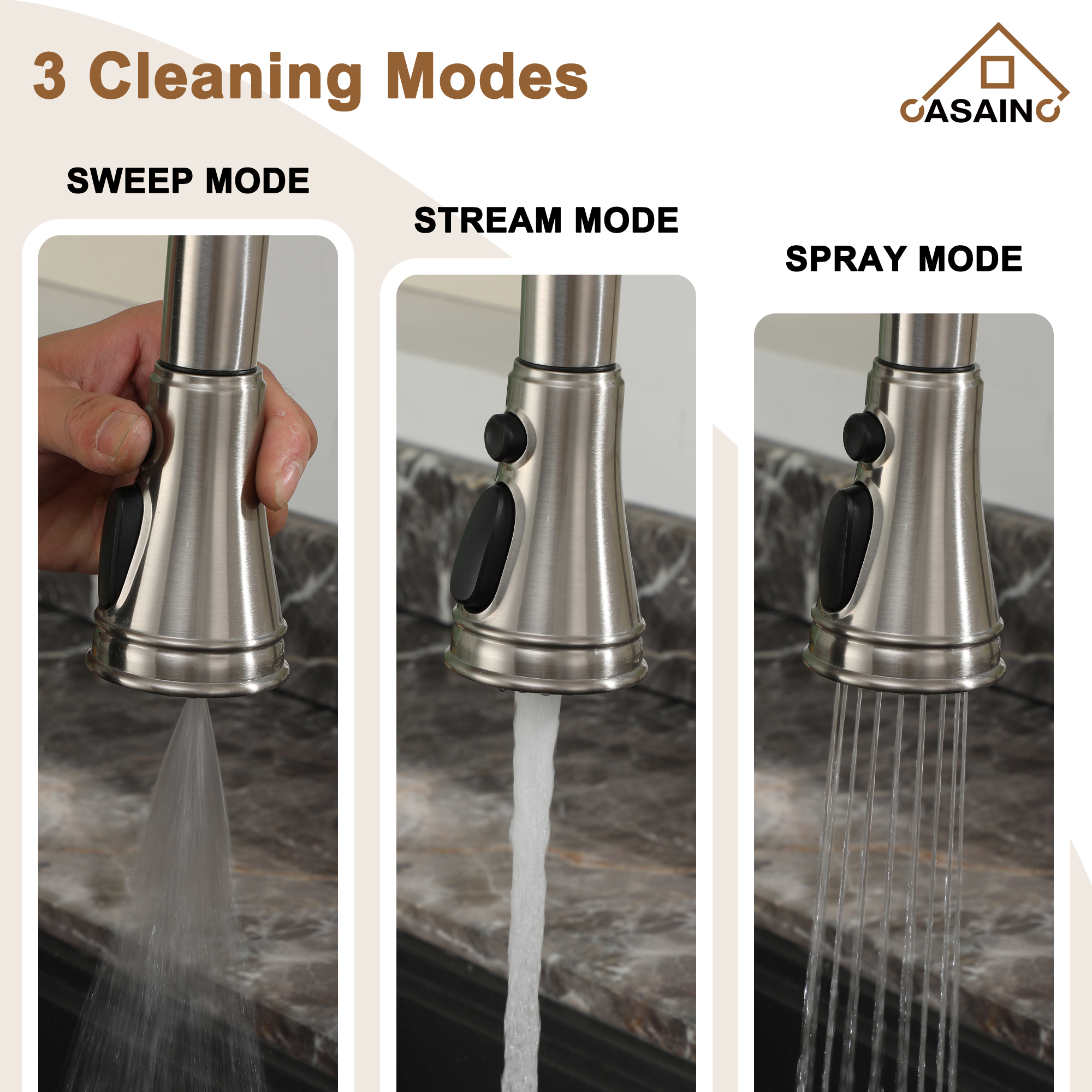 3 Hole Kitchen Faucet with Pull Down Sprayer 3 Modes Bridge Faucet