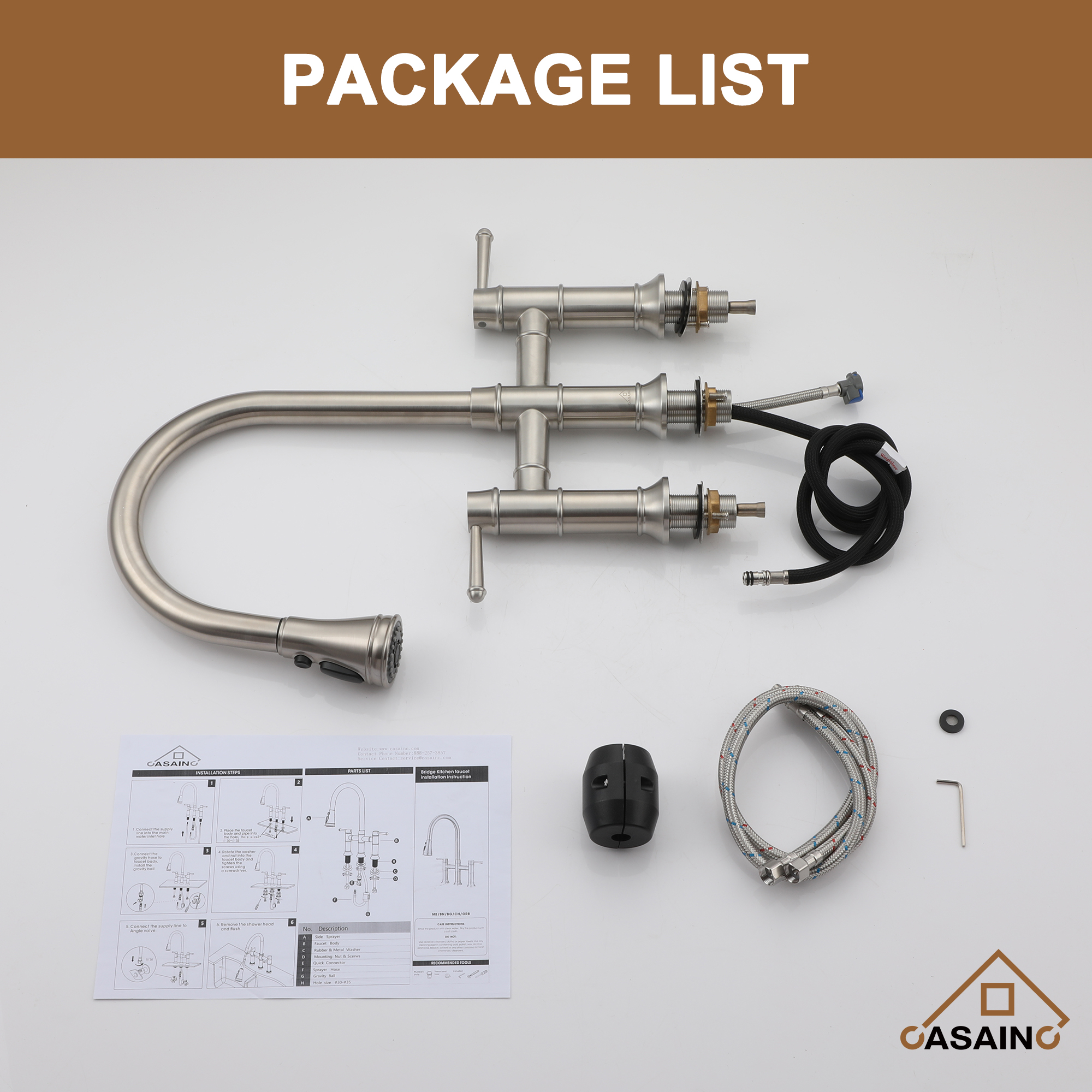 3 Hole Kitchen Faucet with Pull Down Sprayer 3 Modes Bridge Faucet