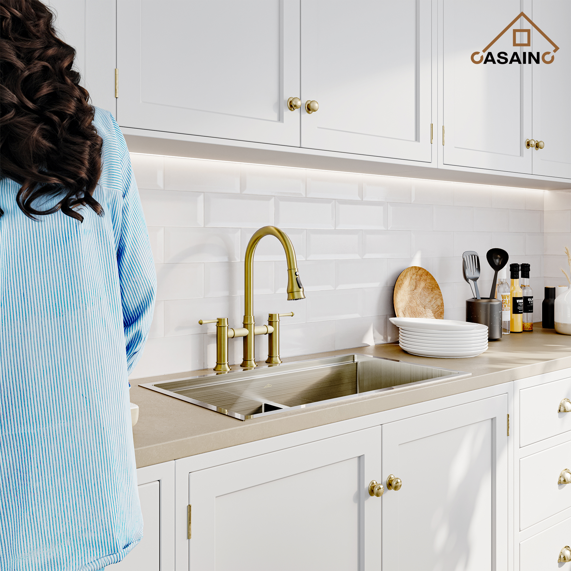 3 Hole Kitchen Faucet with Pull Down Sprayer 3 Modes Bridge Faucet