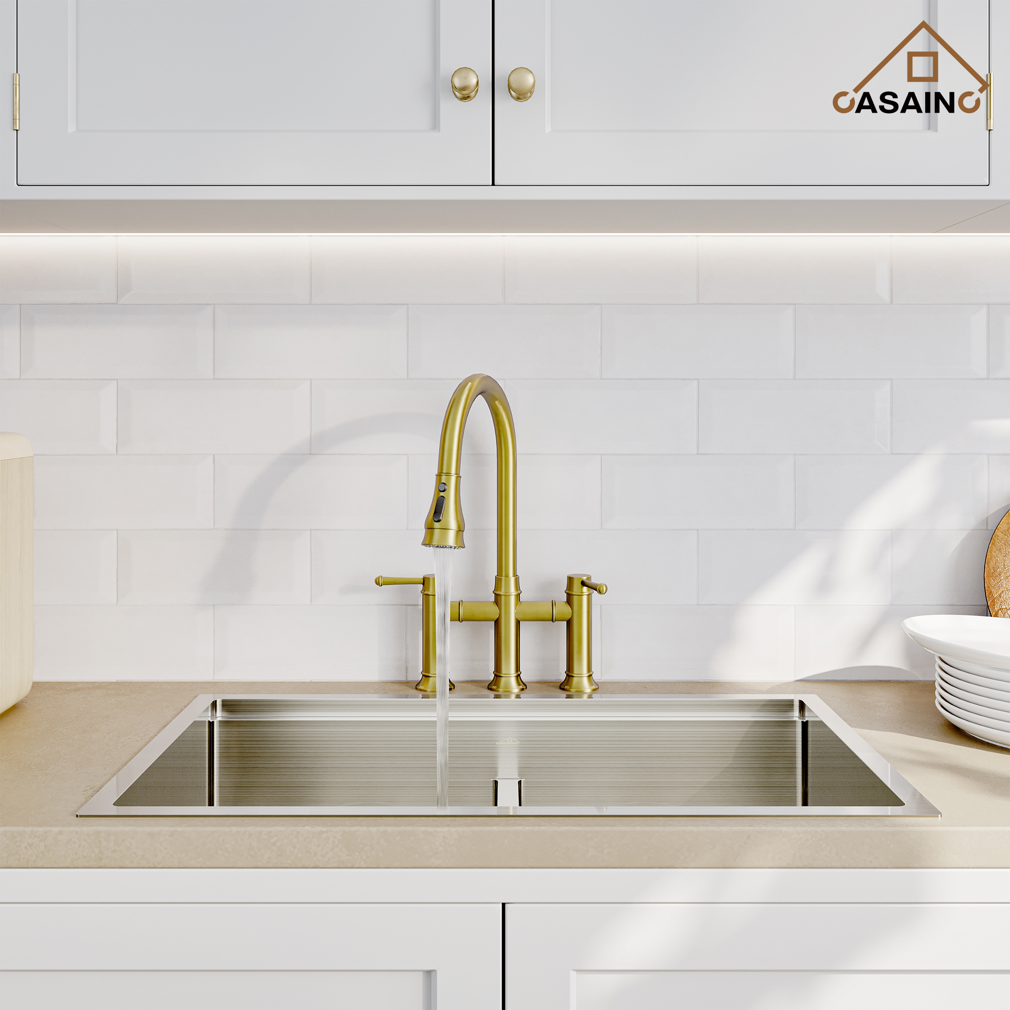 3 Hole Kitchen Faucet with Pull Down Sprayer 3 Modes Bridge Faucet