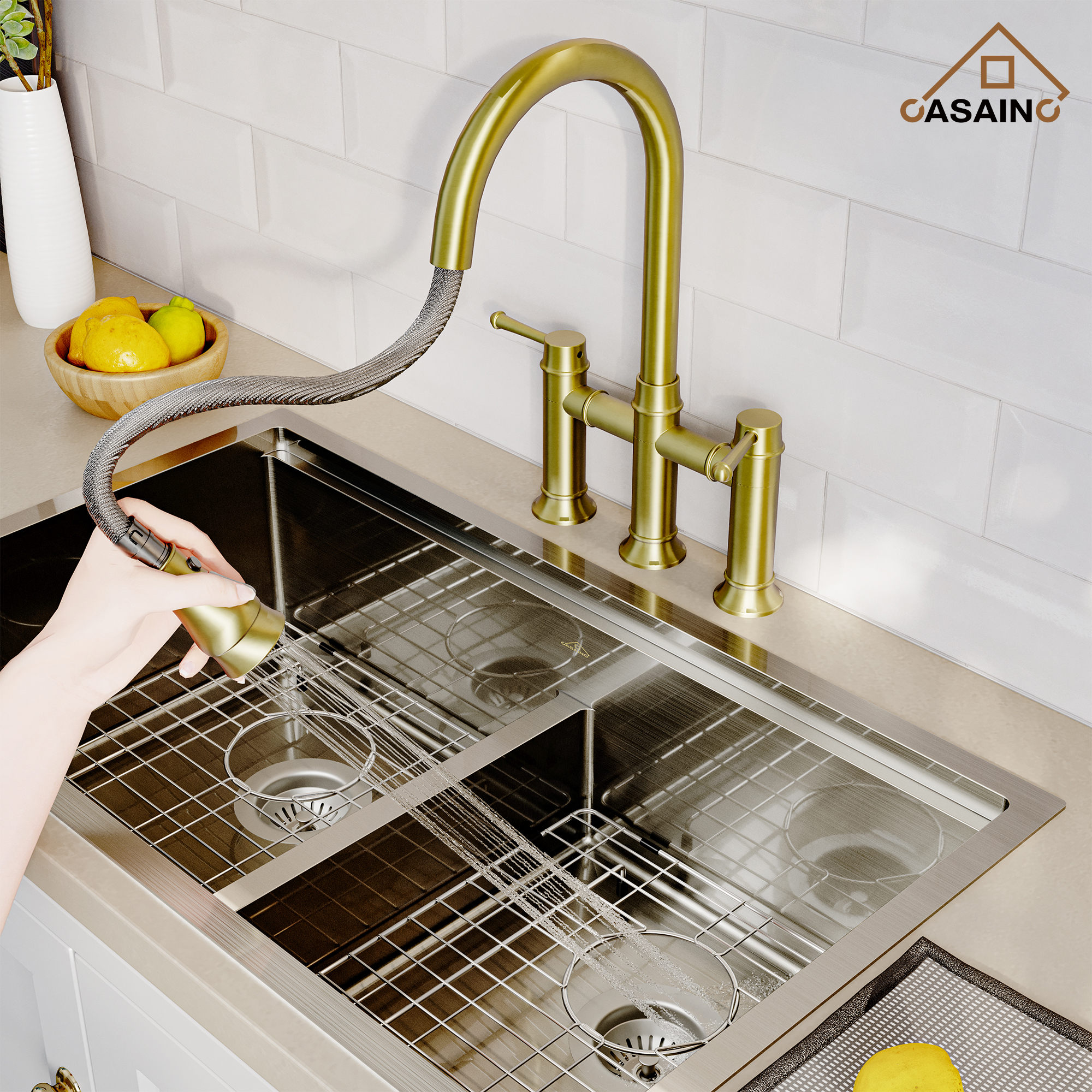 3 Hole Kitchen Faucet with Pull Down Sprayer 3 Modes Bridge Faucet