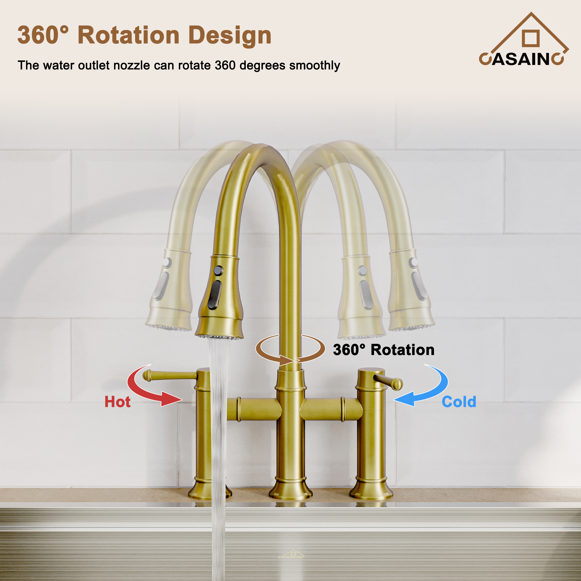 3 Hole Kitchen Faucet with Pull Down Sprayer 3 Modes Bridge Faucet