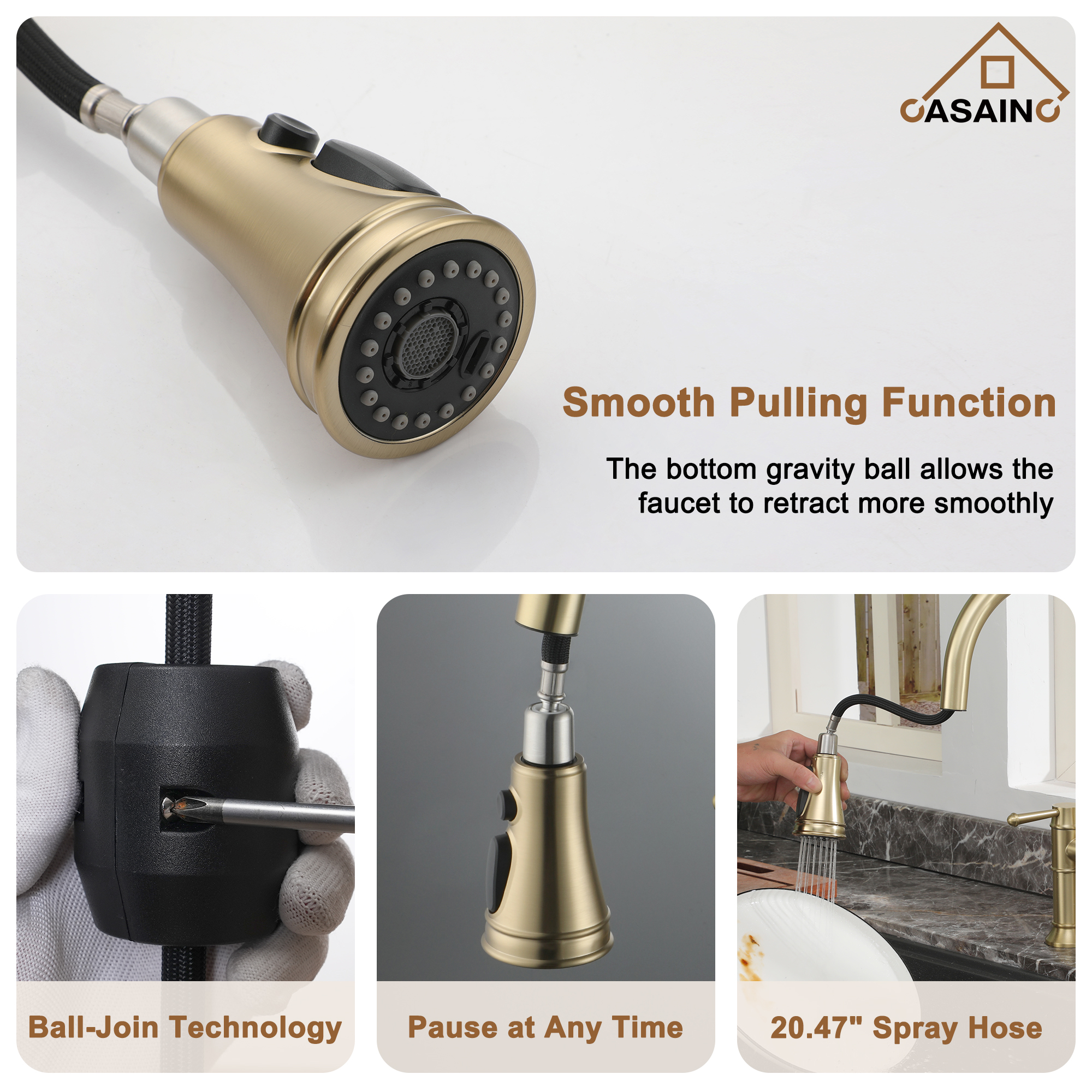 3 Hole Kitchen Faucet with Pull Down Sprayer 3 Modes Bridge Faucet