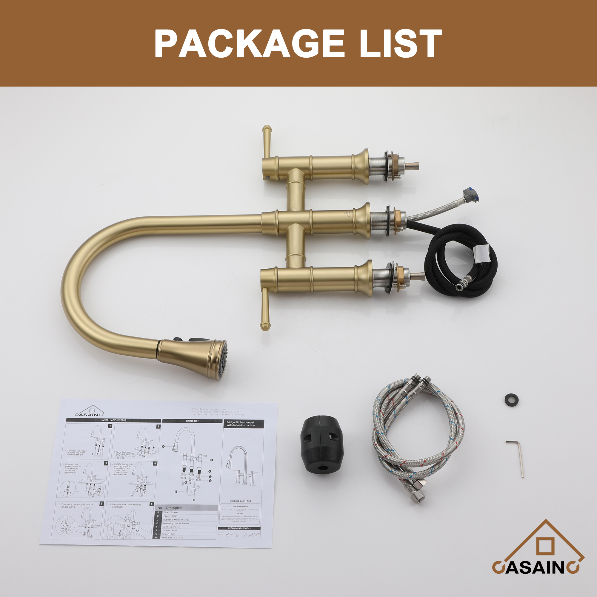 3 Hole Kitchen Faucet with Pull Down Sprayer 3 Modes Bridge Faucet