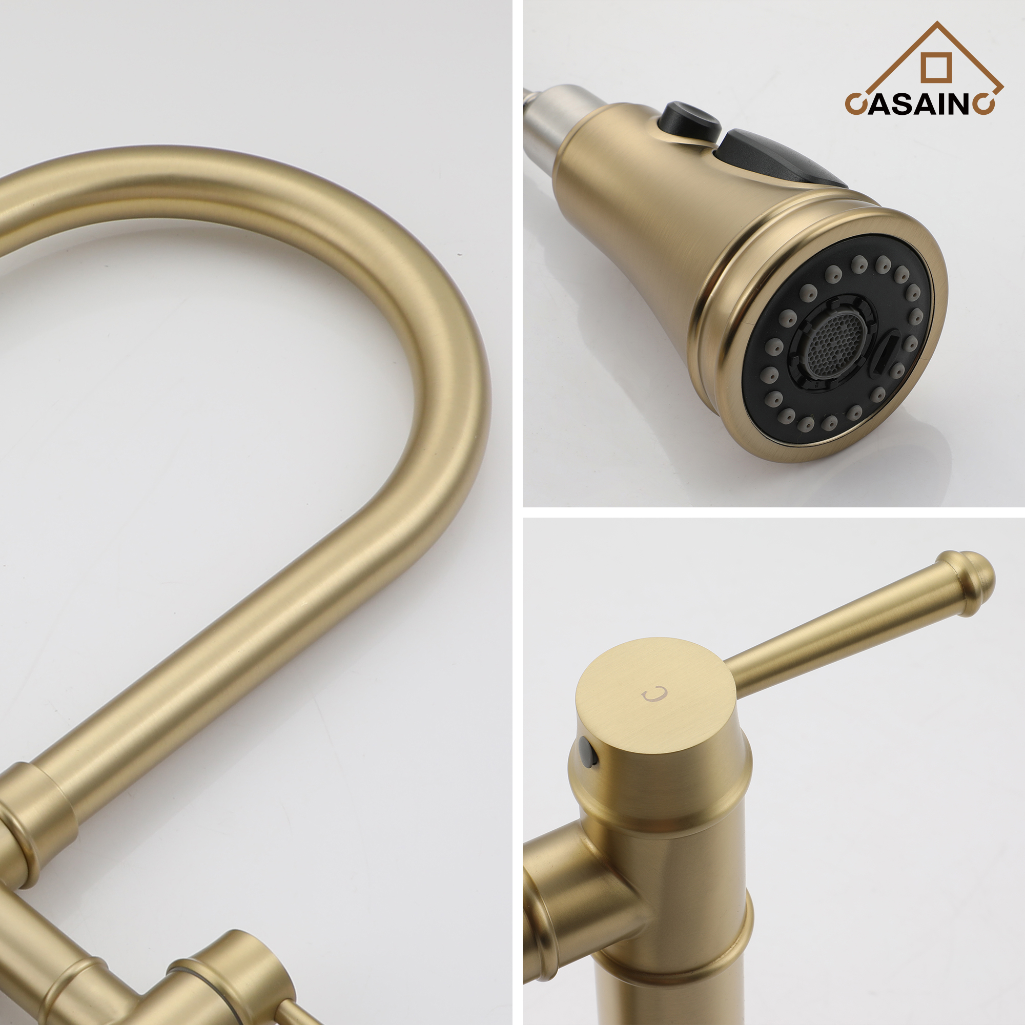 3 Hole Kitchen Faucet with Pull Down Sprayer 3 Modes Bridge Faucet