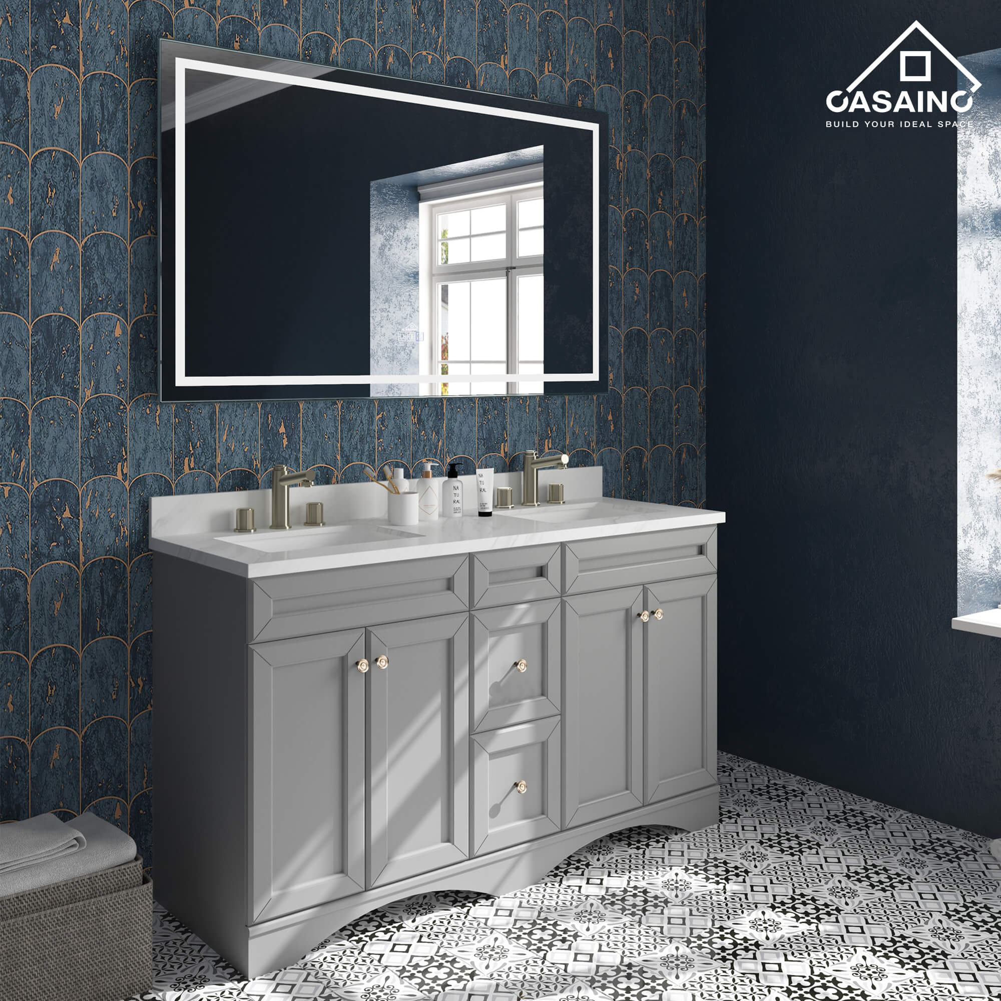 CASAINC 60 x 22 x 35.4 in. Solid Wood Bath Vanity with Marble Top and Backsplash in Gray/White (No/With Mirror)-CASAINC