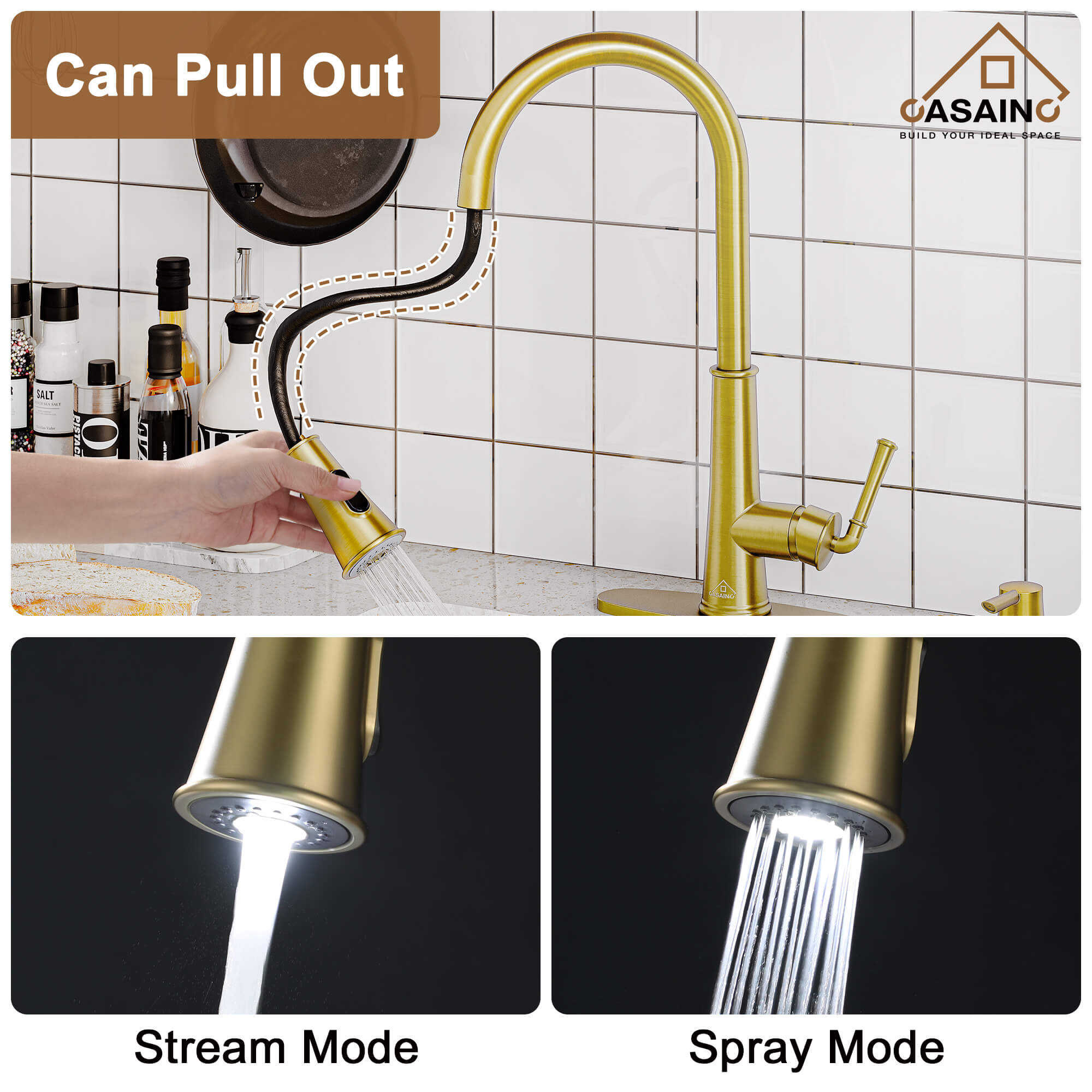 CASAINC Infrared Induction touchless pull down single handle Kitchen Faucet With LED Function in Matte Black/1.8gpm, soap dispenser contain-CASAINC