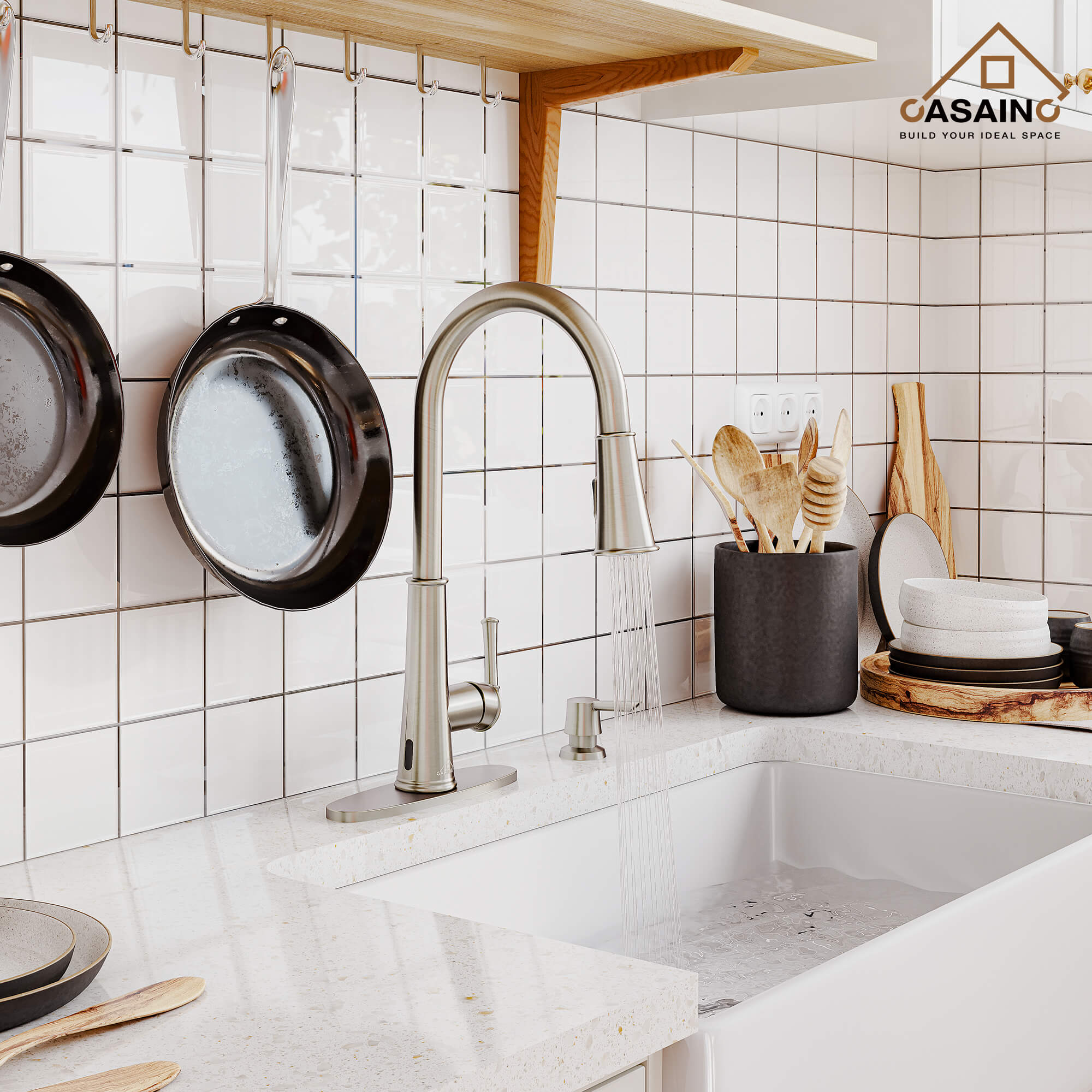 CASAINC Infrared Induction touchless pull down single handle Kitchen Faucet With LED Function in Matte Black/1.8gpm, soap dispenser contain-CASAINC