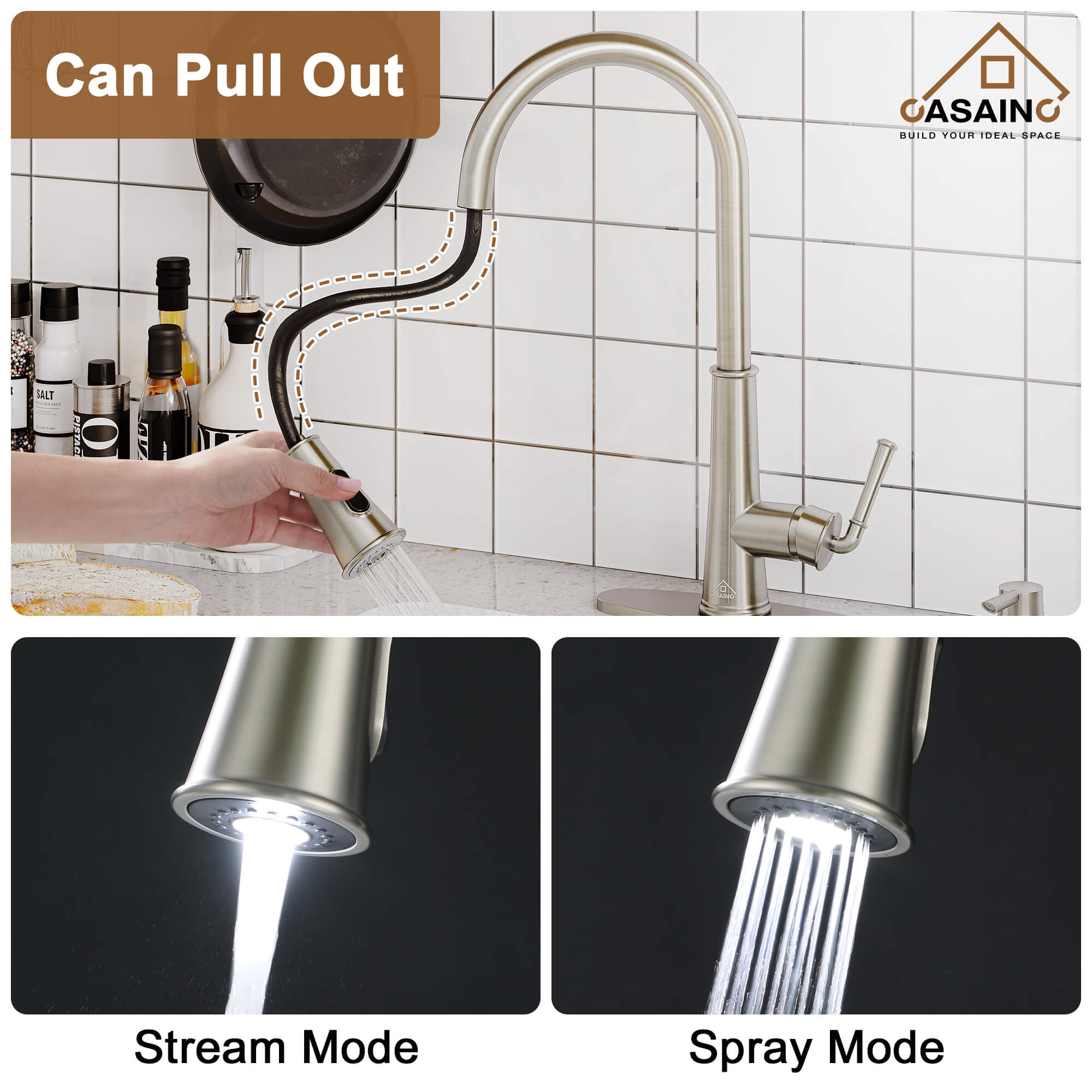 CASAINC Infrared Induction touchless pull down single handle Kitchen Faucet With LED Function in Matte Black/1.8gpm, soap dispenser contain-CASAINC