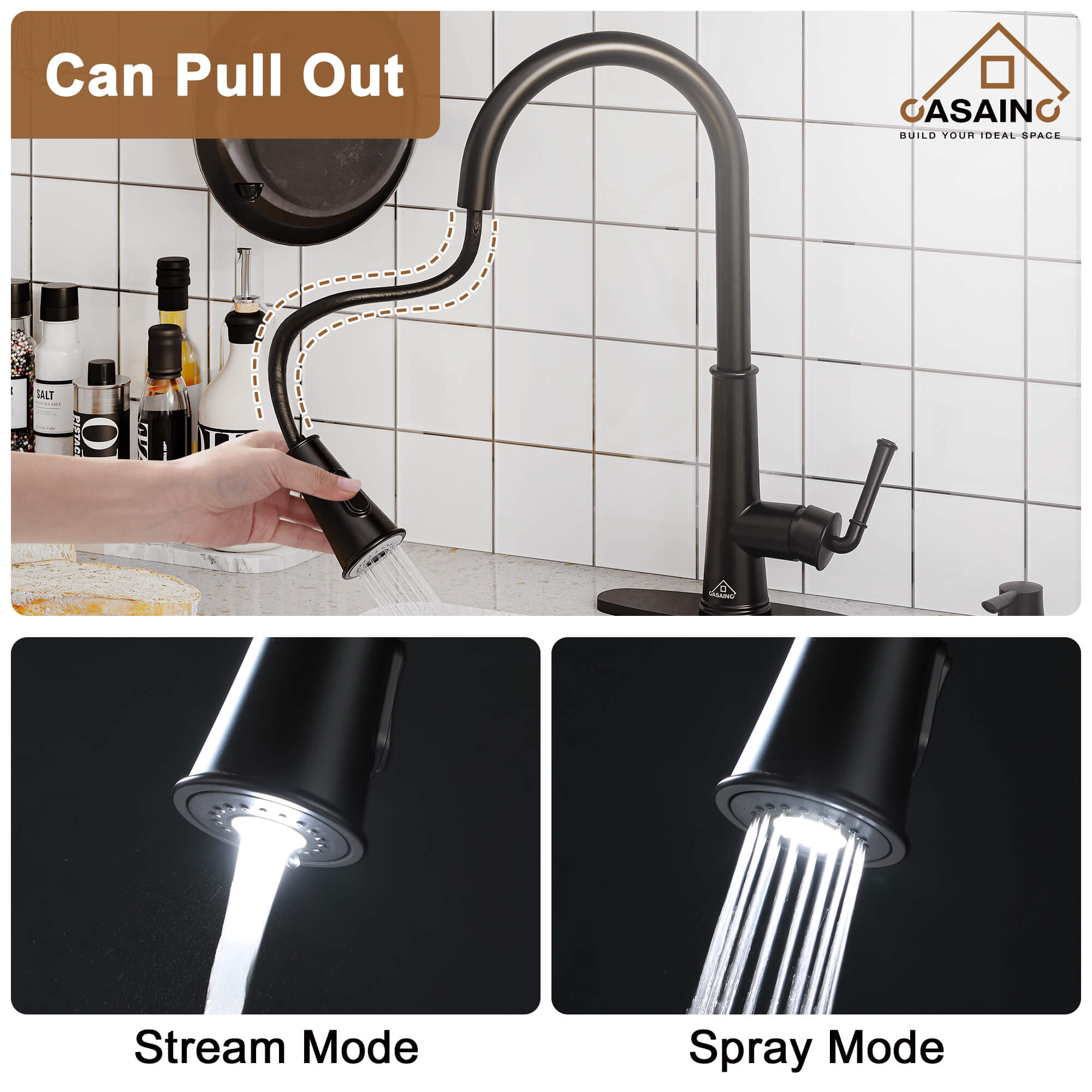 CASAINC Infrared Induction touchless pull down single handle Kitchen Faucet With LED Function in Matte Black/1.8gpm, soap dispenser contain-CASAINC