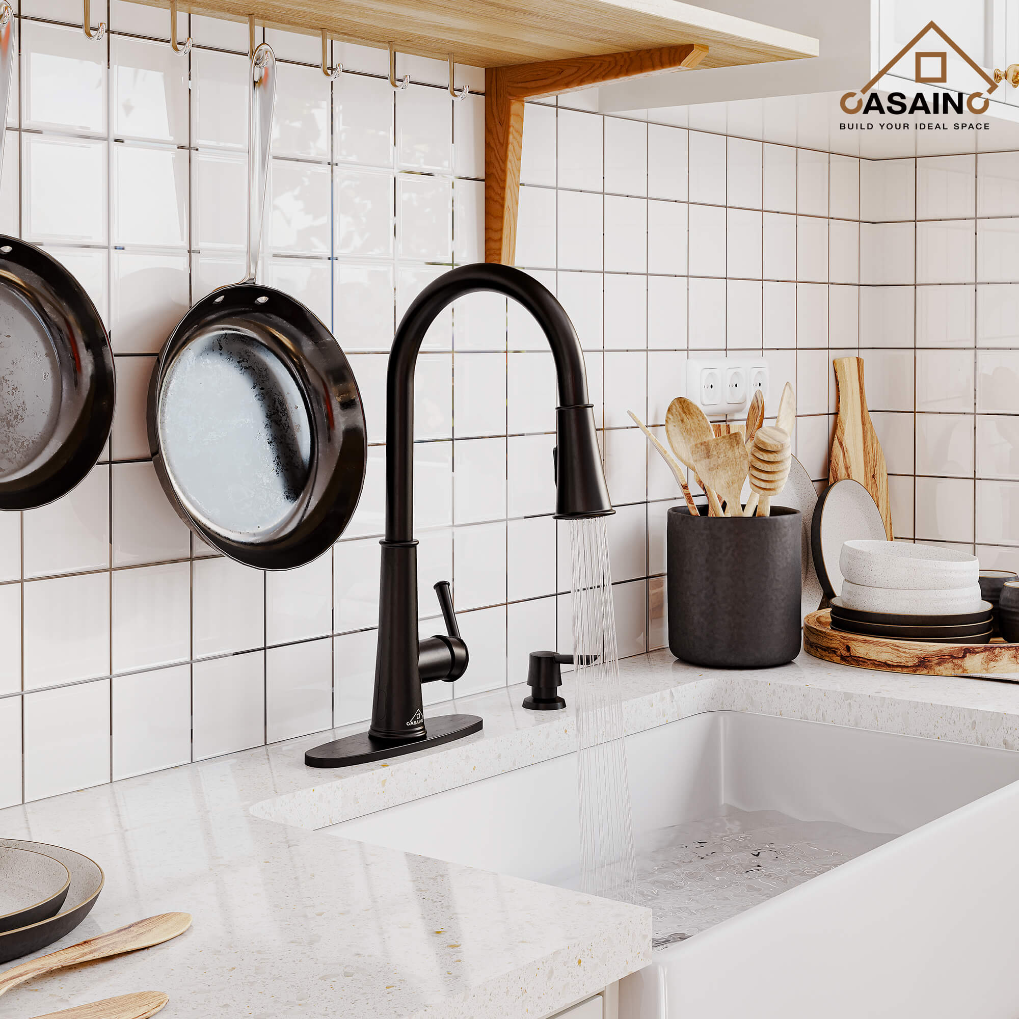 CASAINC Infrared Induction touchless pull down single handle Kitchen Faucet With LED Function in Matte Black/1.8gpm, soap dispenser contain-CASAINC