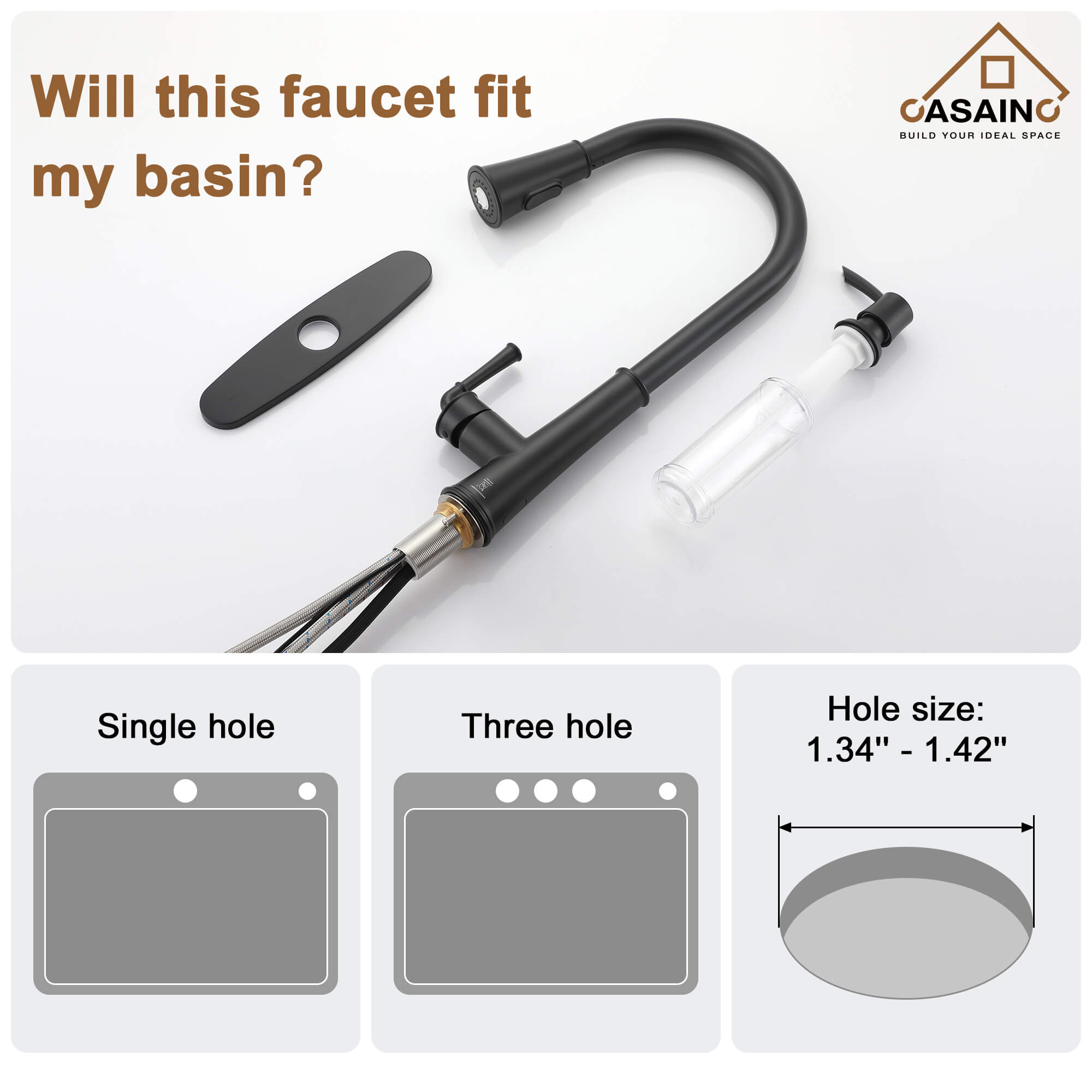 CASAINC Infrared Induction touchless pull down single handle Kitchen Faucet With LED Function in Matte Black/1.8gpm, soap dispenser contain-CASAINC