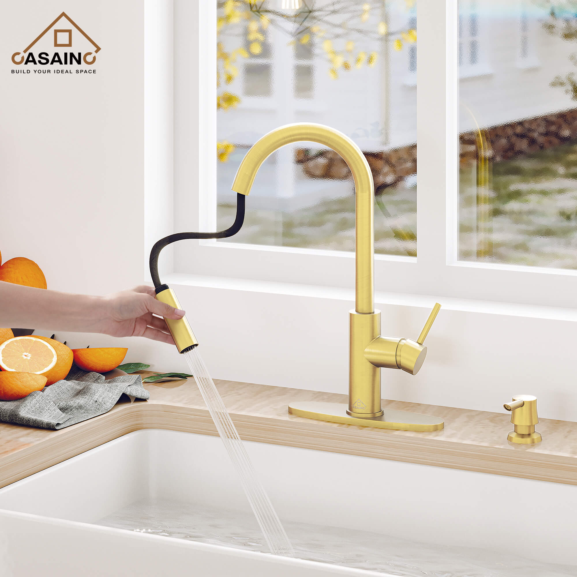 CASAINC Infrared Induction touchless pull down single handle Kitchen Faucet With LED Function in Matte Black/1.8gpm, soap dispenser contain-CASAINC